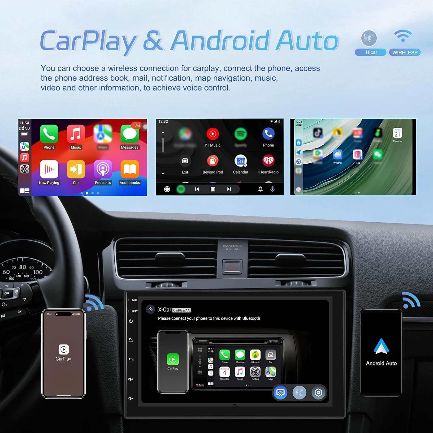 SIXWIN 8 Core 3G+32G Android 13 7 Inch Toucscreen Car Stereo with Wireless Carplay Android Auto Mirror Link with Radiator Fan Bluetooth 5.1 FM RDS GPS Navigation WiFi HiFi