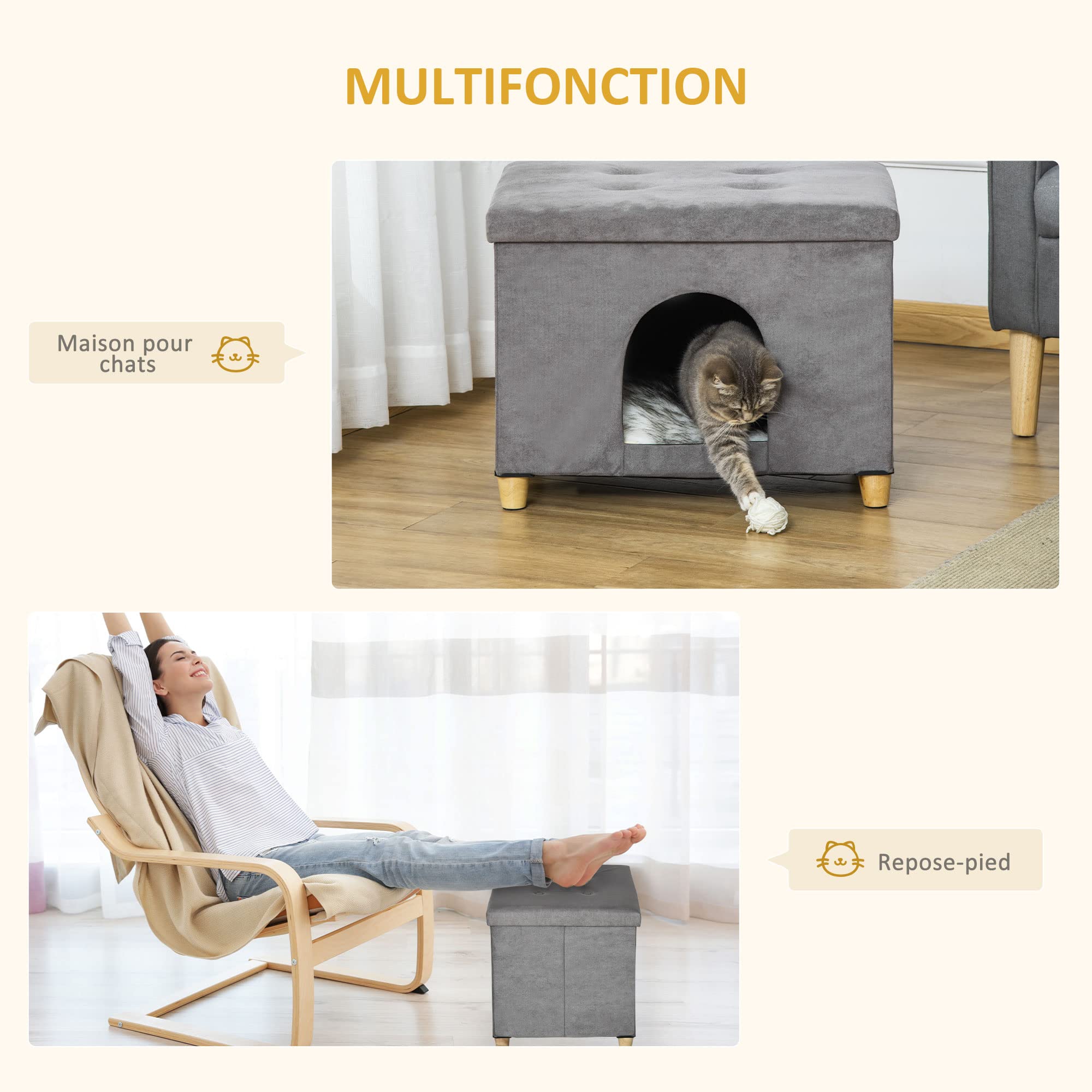 PawHut Niche Chat Maison de Chat Design surélevé avec Coussin amoviable et Lavable en Peluche Doux Repose-Pieds, Dessus ouvrable, Gris