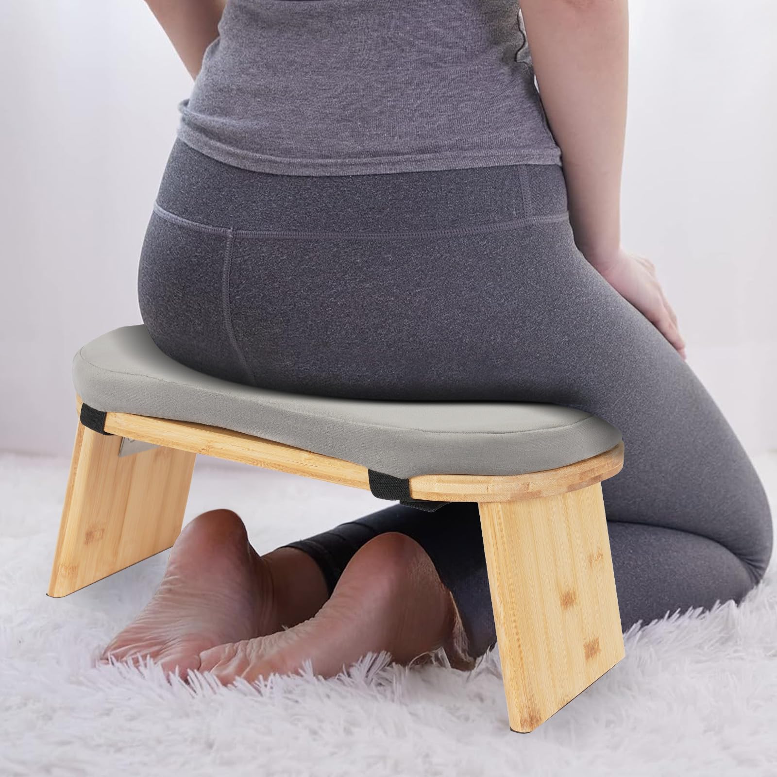 MINRS Banc de méditation pliable en bois avec coussin - Tabouret de prière ergonomique pour s'agenouiller et s'asseoir - Méditation plus profonde et plus longue - Gris