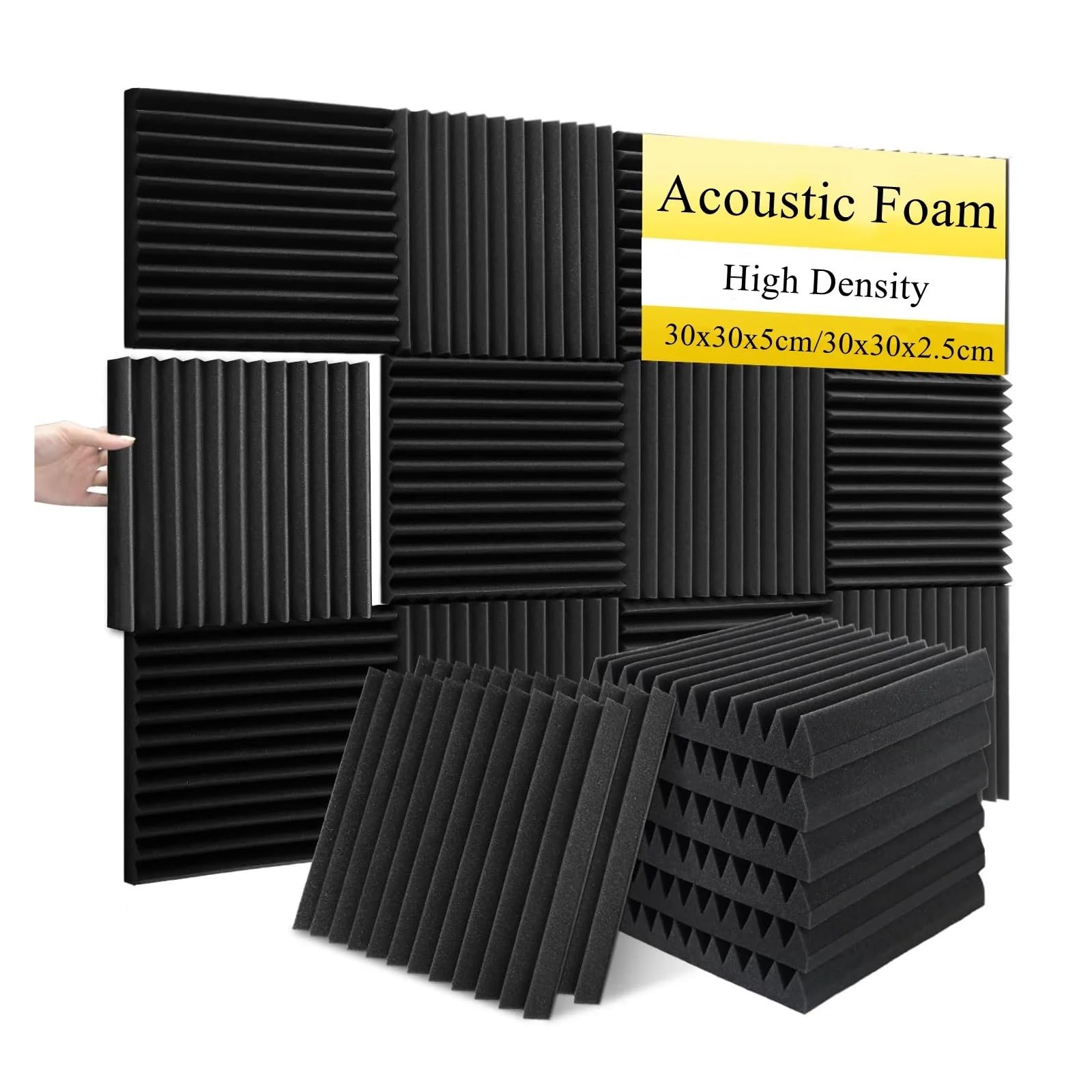 Pannelli in Schiuma Acustica Confezione da 12 pannelli fonoassorbenti in schiuma acustica for studio KTV, 30x30 cm, isolamento acustico in spugna, spessore 2,5/5(Black,5cm)