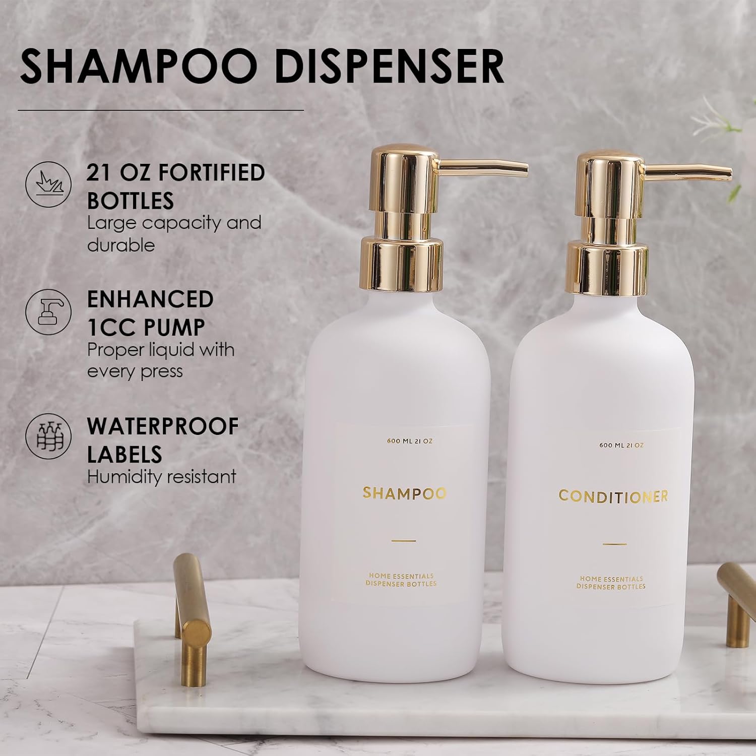 HOMCDALY Shampoo and Conditioner Dispenser, 21oz 3-Pack Refillable Pump Bottles, Shampoo Container, Empty Pump Bottle, Bathroom Shower Dispenser(21oz-White&Gold) - Image 4
