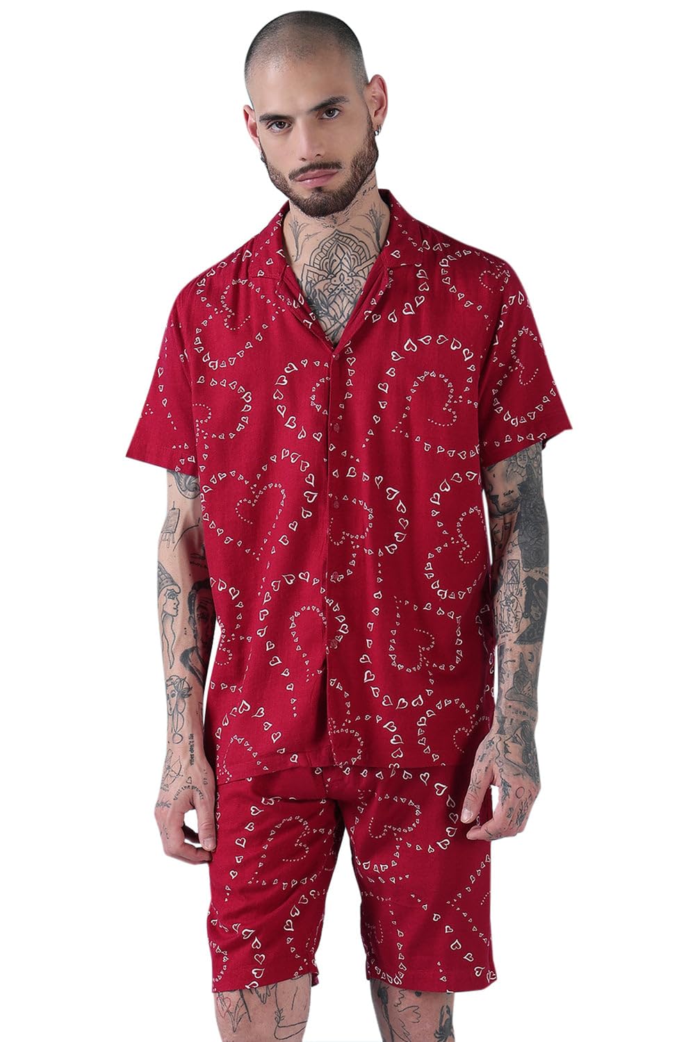 showoffff Edition Men's Red Printed Cuban Collar Relaxed Fit Co Ords Set-Lucas-3121_Red-picture-13