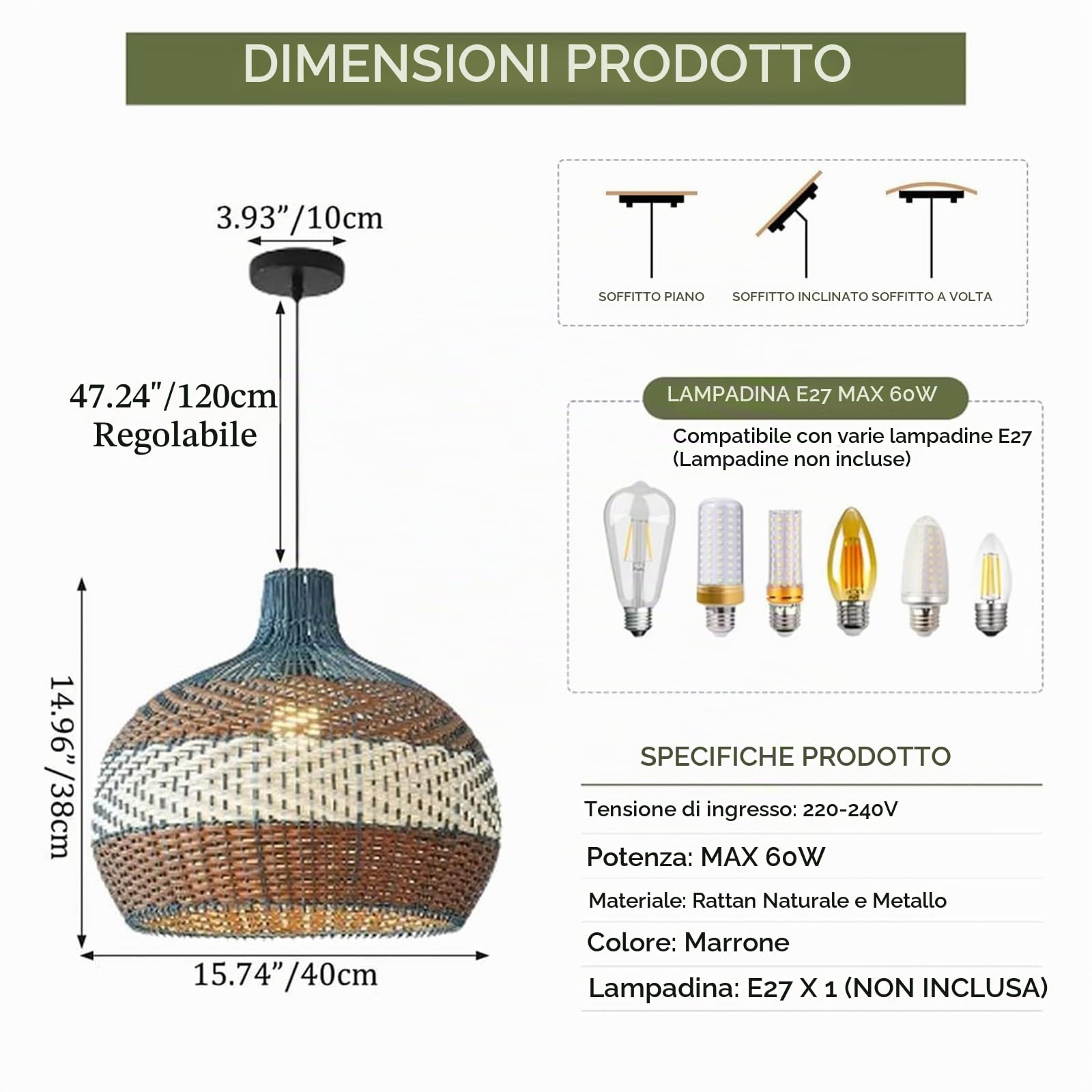 Lampadario rustico a 1 luce in rattan, stile boho, per soggiorno, lampada a sospensione intrecciata a mano, illuminazione rustica per isola cucina e ristorante (40 cm/50 cm)