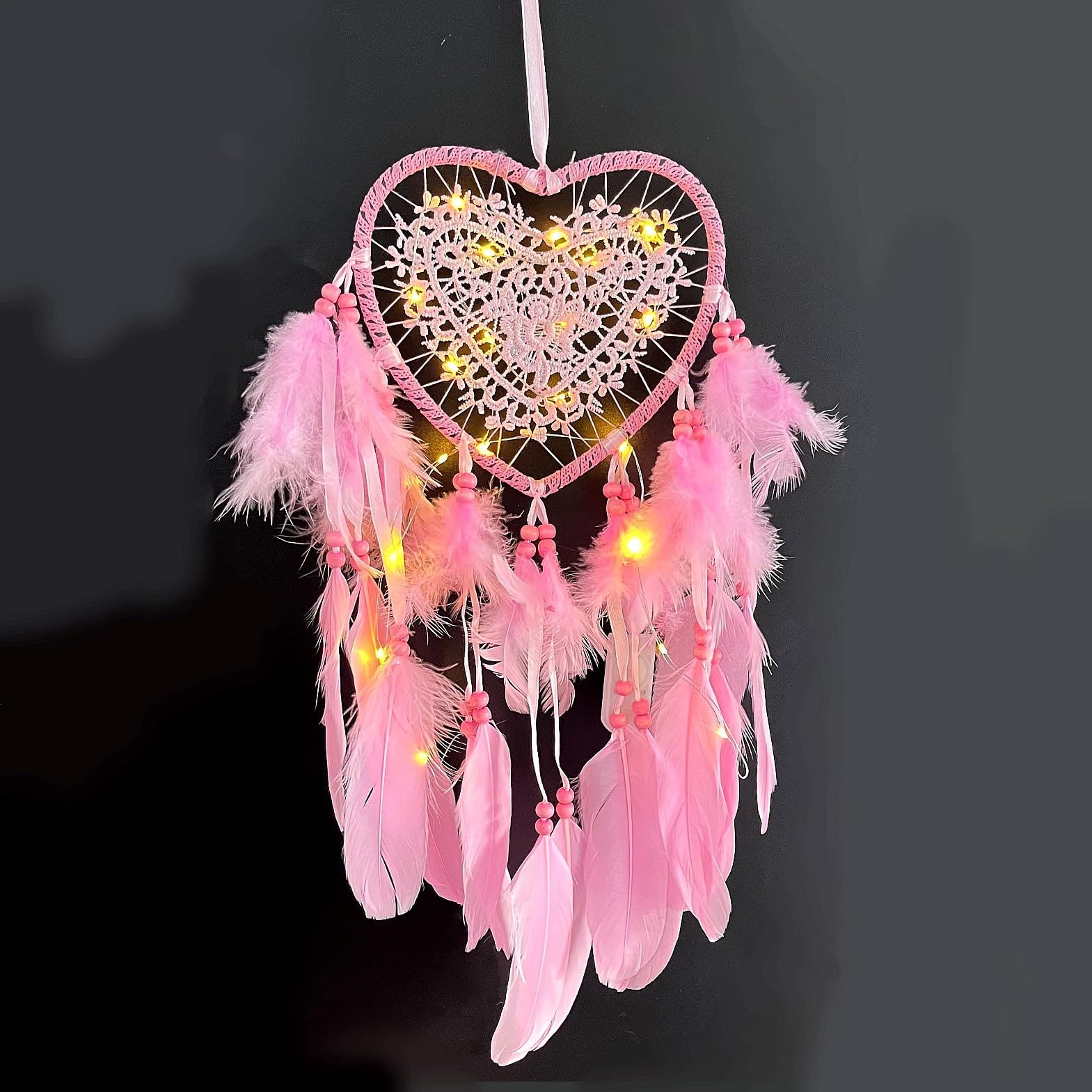 JZK Lace heart dream catcher with lights for girls women birthday