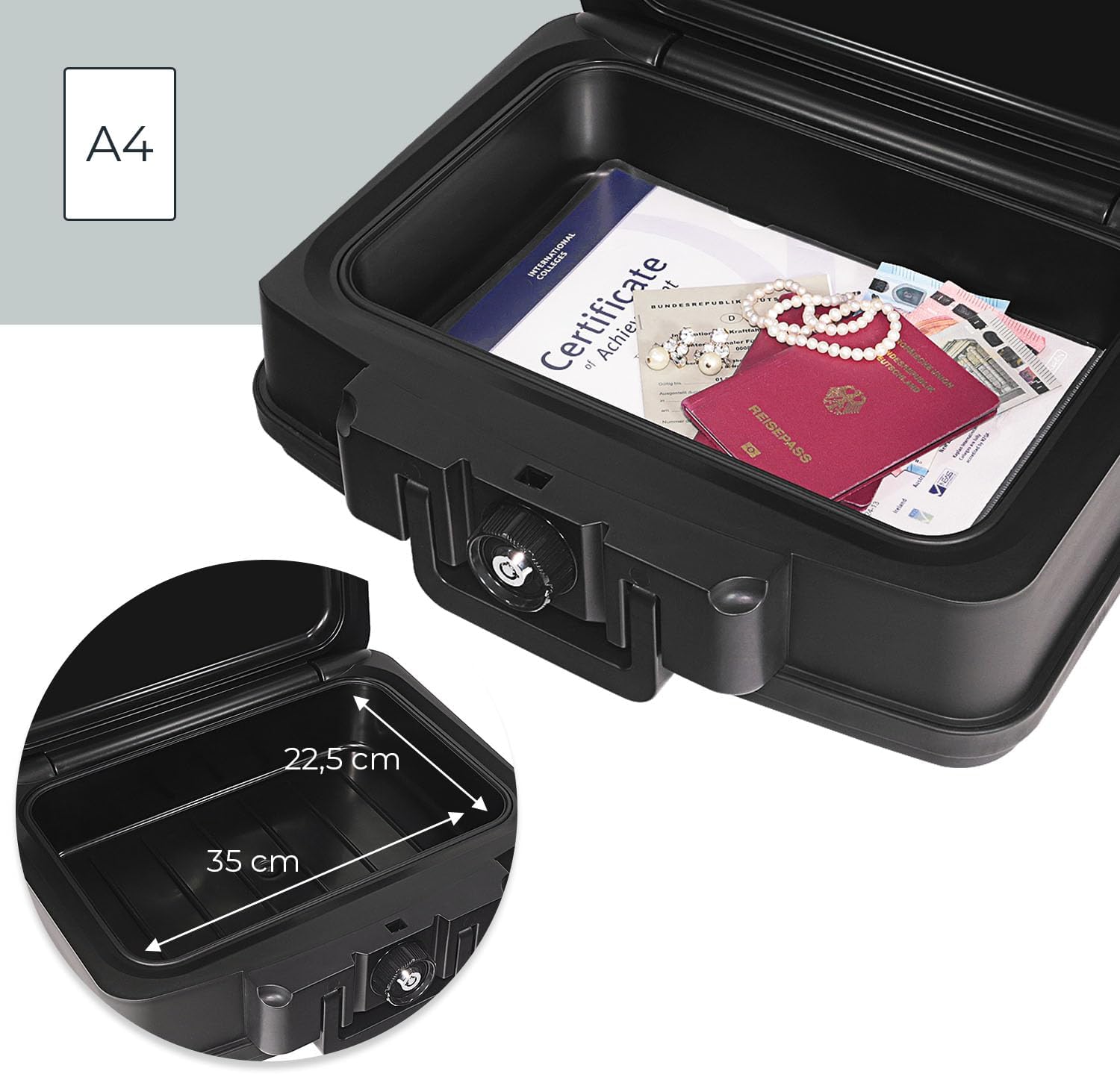 HMF document box open, showing internal dimensions of 35 cm and 22.5 cm, with an A4 paper icon.