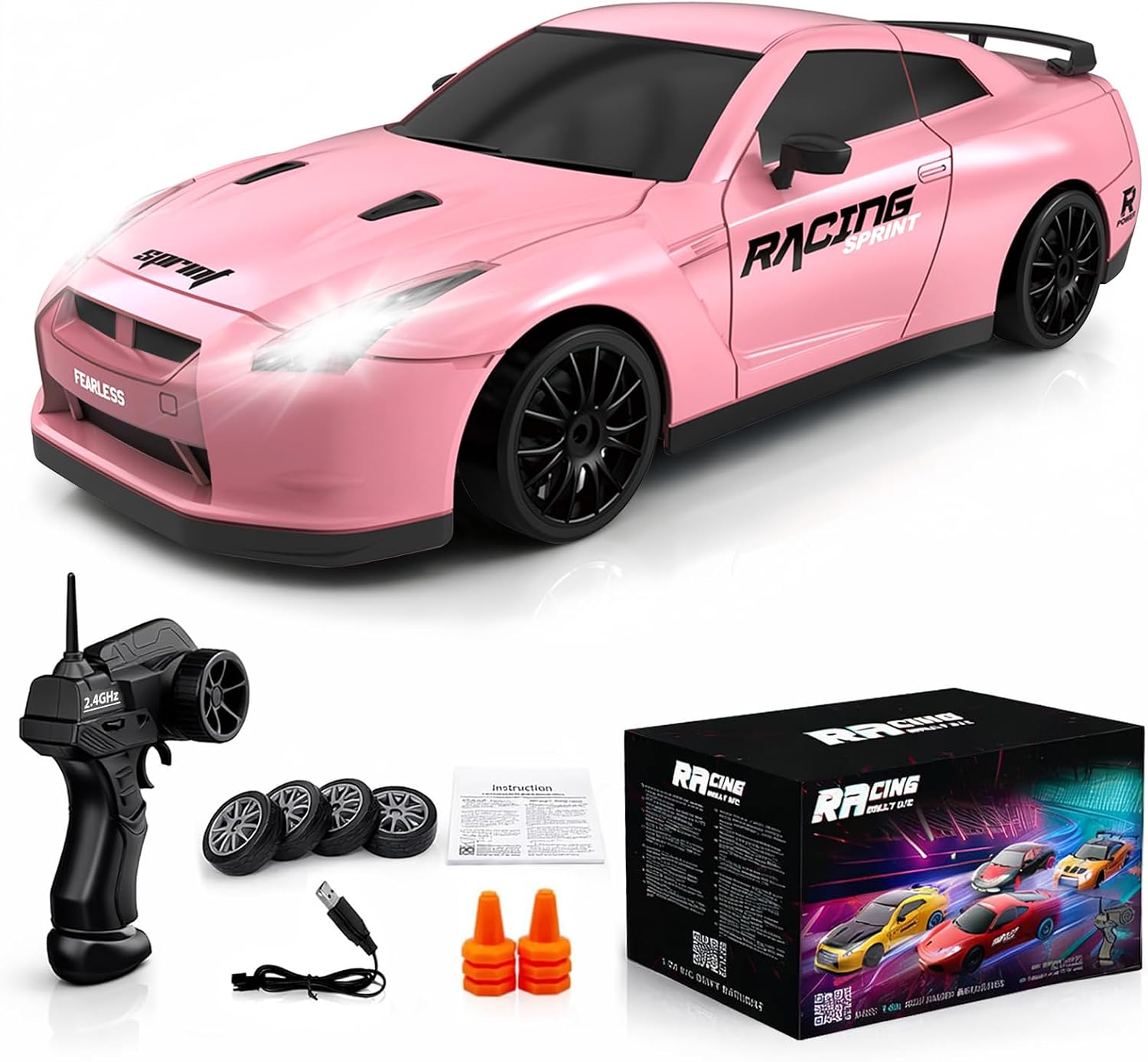 Remote Control Car RC Drift Car 2.4GHz 1:24 Scale 4WD 15KM/H High Speed Model Vehicle with LED Lights Drifting Tire Racing Sport Toy Car for Adults Boys Girls Kids Gift