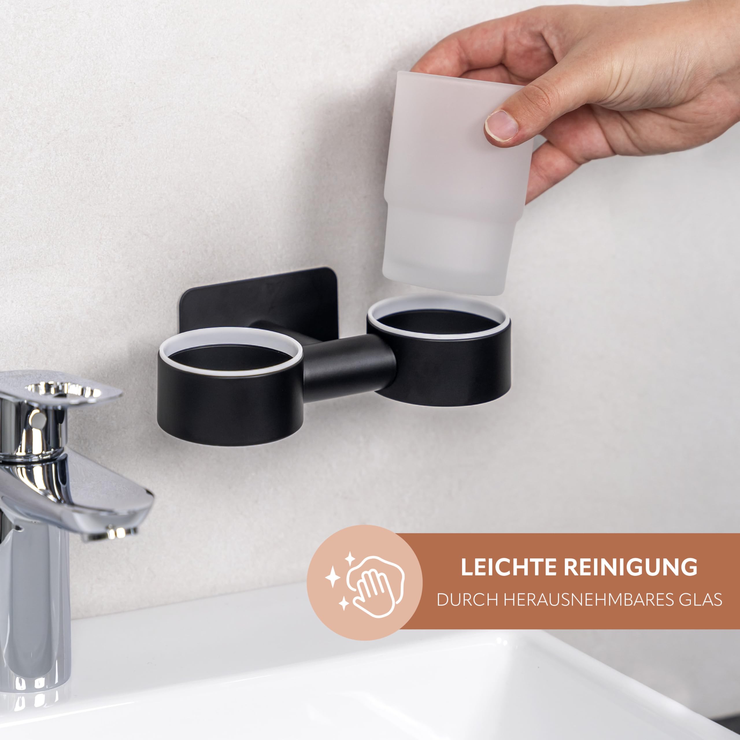 bremermann Bad-Serie Piazza Black Tape - Doppel-Glasbecherhalter ohne Bohren, mit Klebepad - selbstklebend - Becherhalter, Zahnbürstenhalter, aus Glas und Edelstahl, matt schwarz
