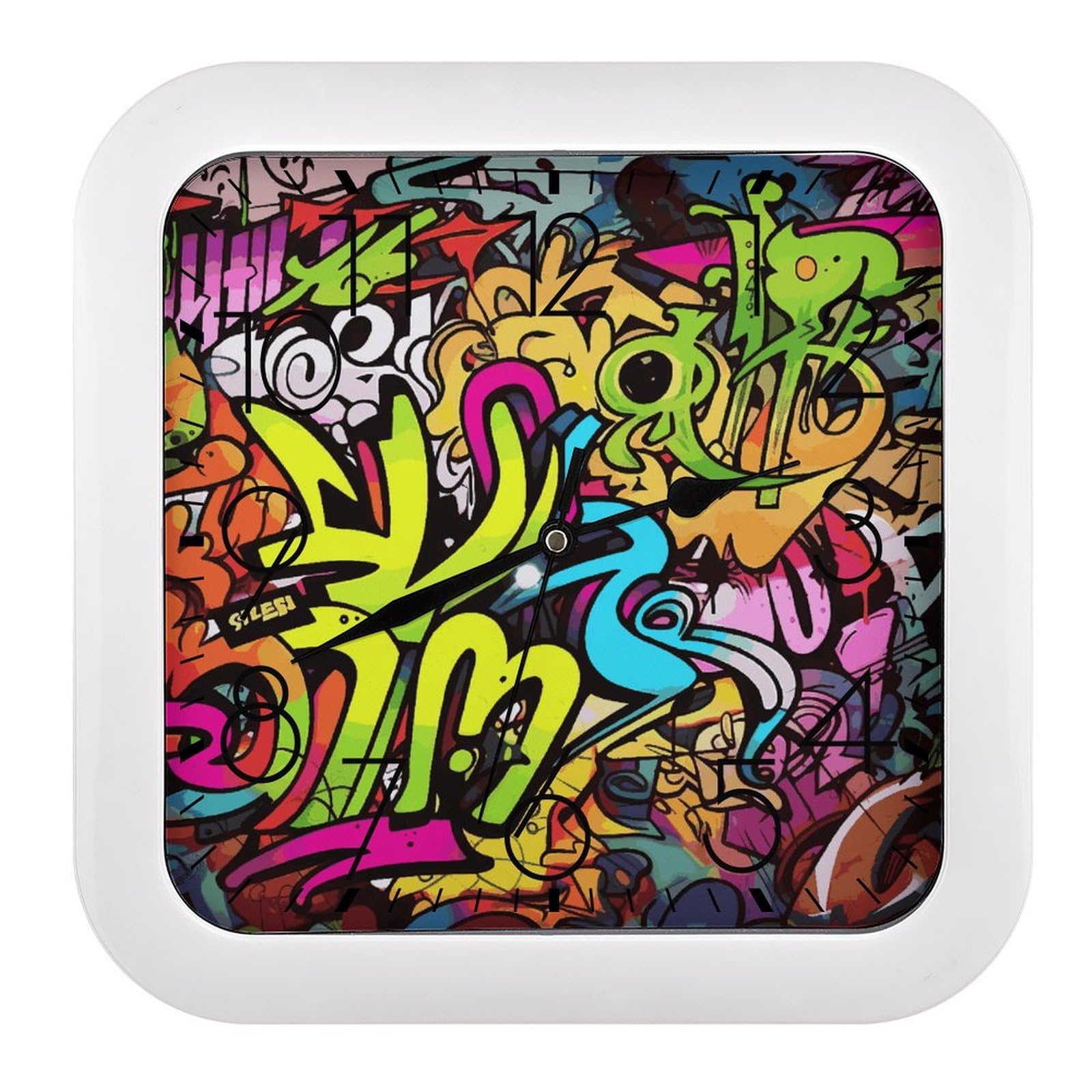 Horloge murale carrée plastique imprimée graffiti fonctionne à piles