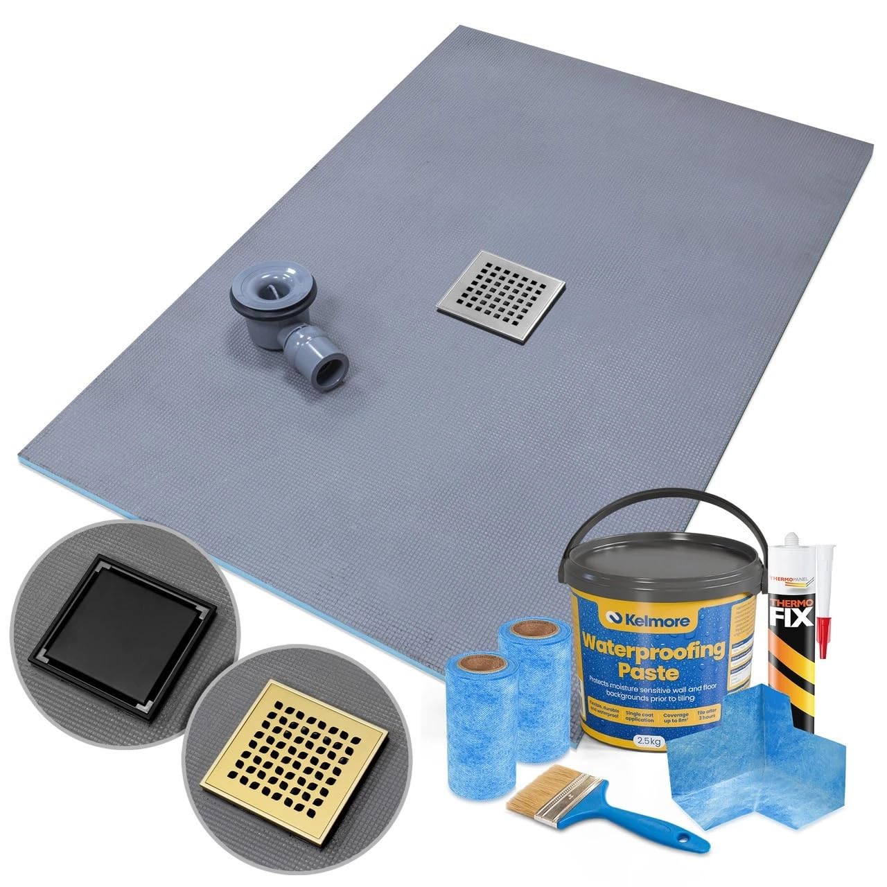 Wet Room Shower Tray Kit Former Centre Drain Position Gold Black & Tanking Kit, 900 x 900 x 20mm, Leaf Pattern Grate - Steel