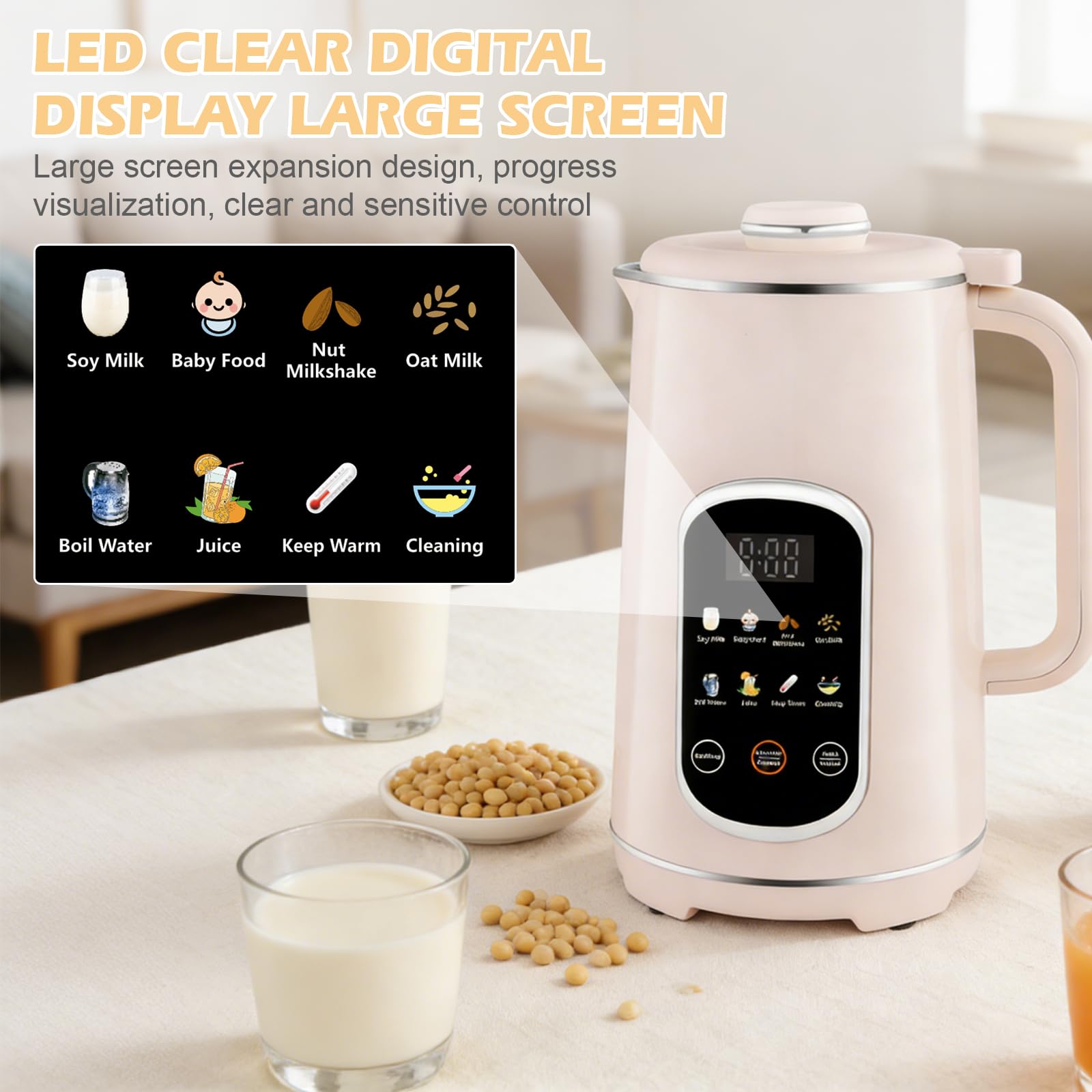 Machine à lait de noix 8 en 1 avec panneau tactile icône, machine à lait végétal 1200 ml avec auto-nettoyage, minuterie et fonction de maintien au chaud - Machine à lait de soja et d'avoine pour lait