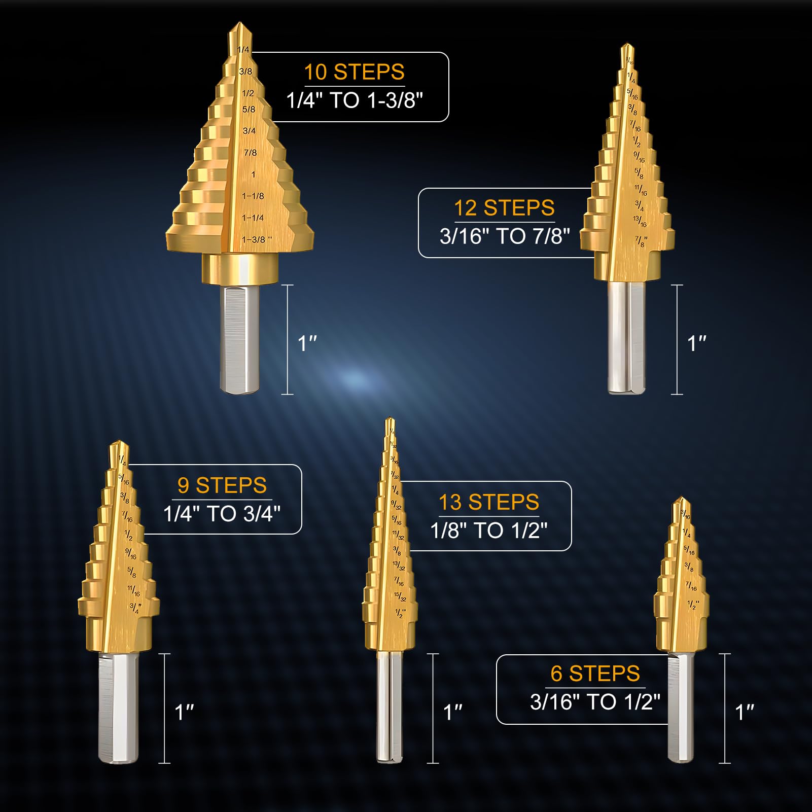 Juego de 5 brocas escalonadas con punzón central automático, brocas de paso Unibit con revestimiento de titanio HSS, 50 tamaños de brocas escalonadas para metal, aluminio, madera, plástico,