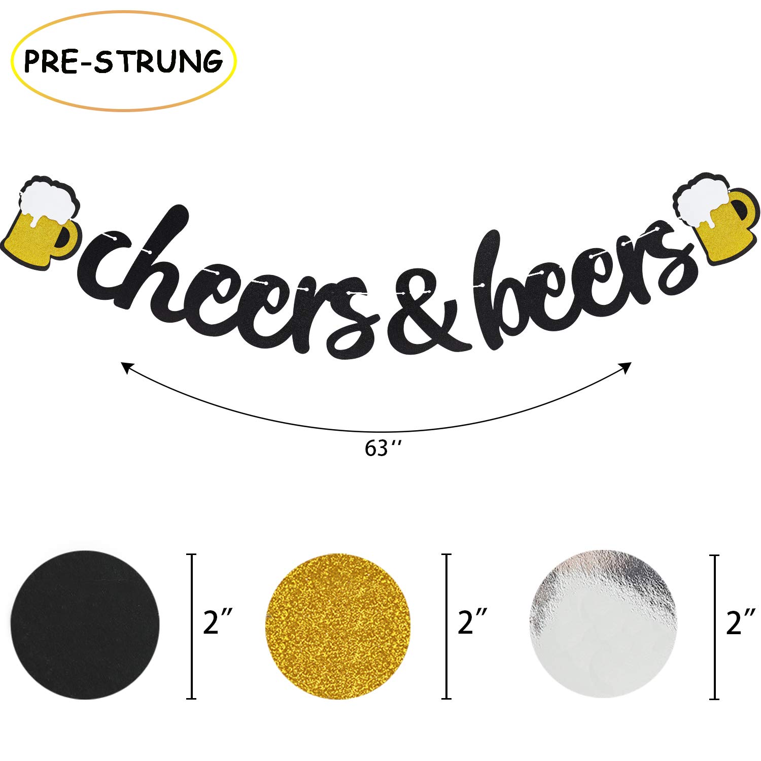 Banner mit Aufschrift "Cheers & Beers", glitzernde Kreise, Punkte, Girlande, Geburtstag, Hochzeit, Jahrestag, Abschlussfeier, Junggesellinnenabschied, Brautparty, Verlobung, Ruhestand, Babyparty,