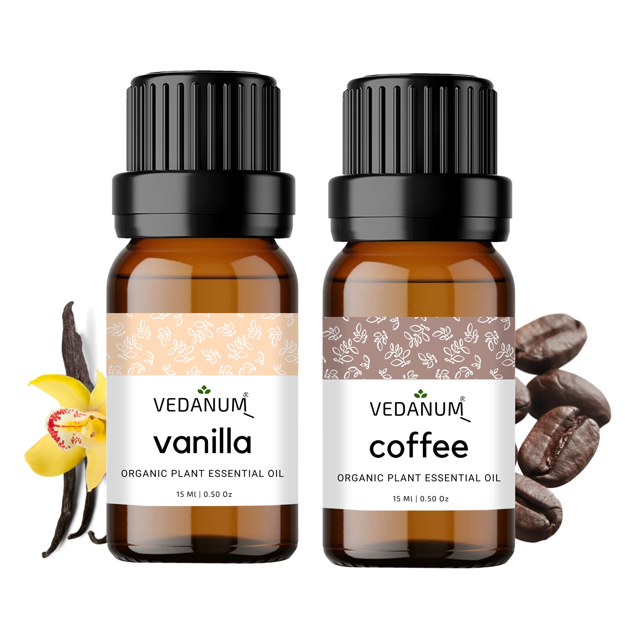 Vedanum Premium Essential Oil Set | for Aromatherapy Diffuser Massage DIY Soap Making | Pack of 2 | 15 ml Coffee and Vanilla