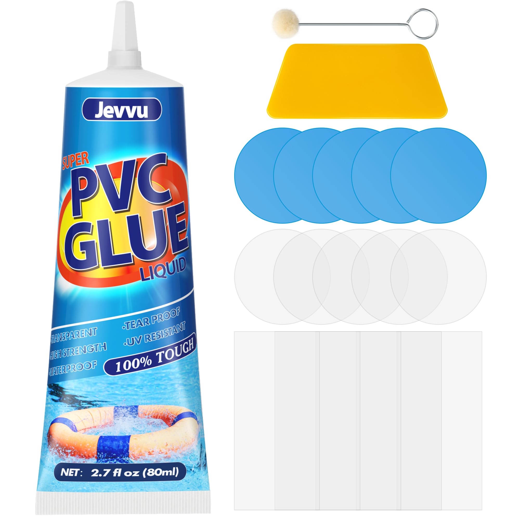 Jevvu Pool Repair Kit, 80ml Heavy Duty Waterproof Air Mattress Patch Kit for Hot Tub, Pool, Boat & Inflatables – Includes Patches, Scraper & Applicator Tool