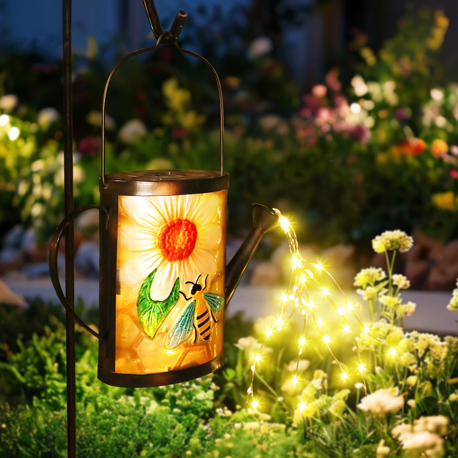 MUMTOP Solar Outdoor Lights Decorative, Bee Sunflower Watering Can Outdoor Lanterns Waterproof Bees Solar Light Hanging fo...