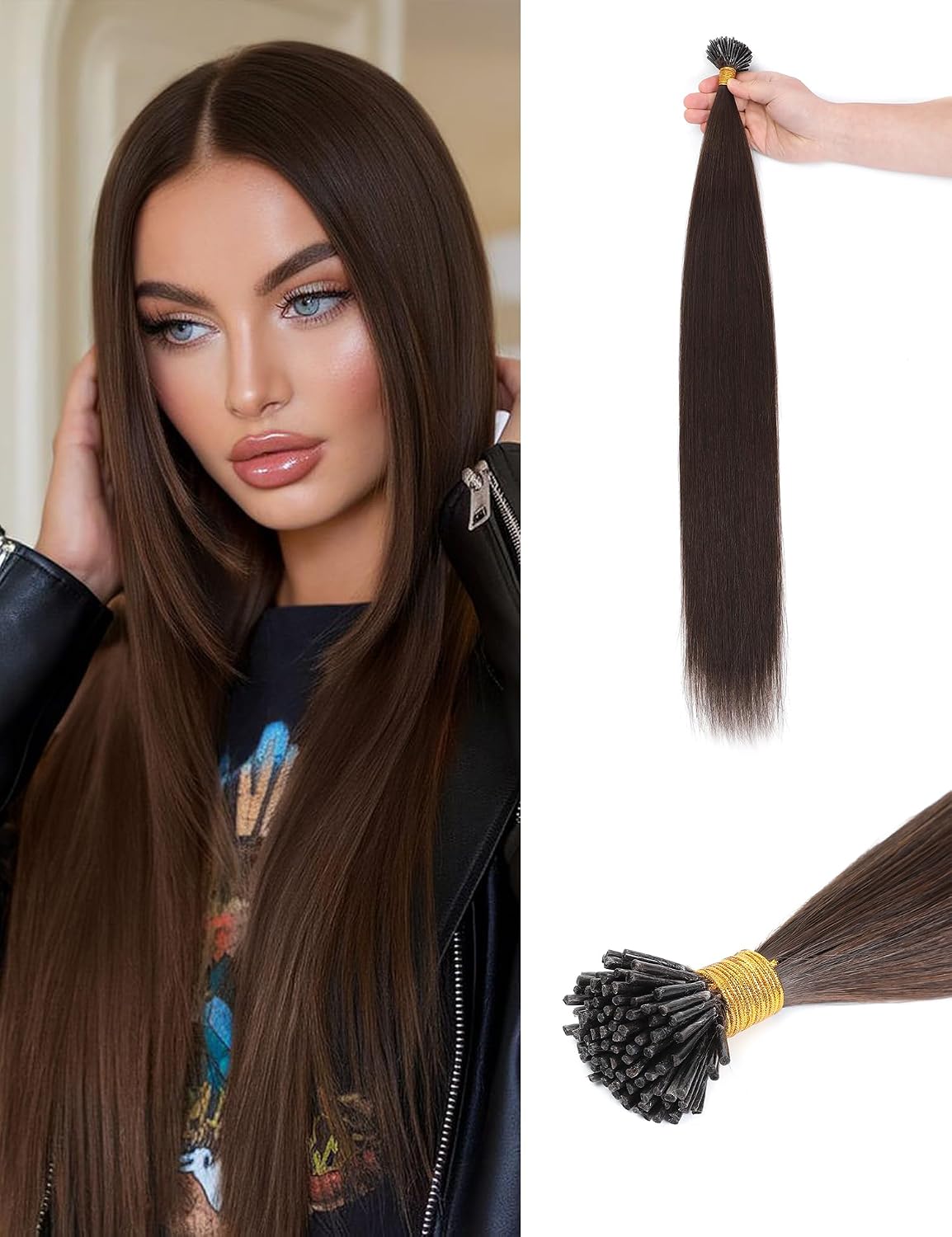 200g/200s I Tip Hair Extensions,26 Inch Long Synthetic Medium Brown Invisible Itip Hair Extensions Straight for Women
