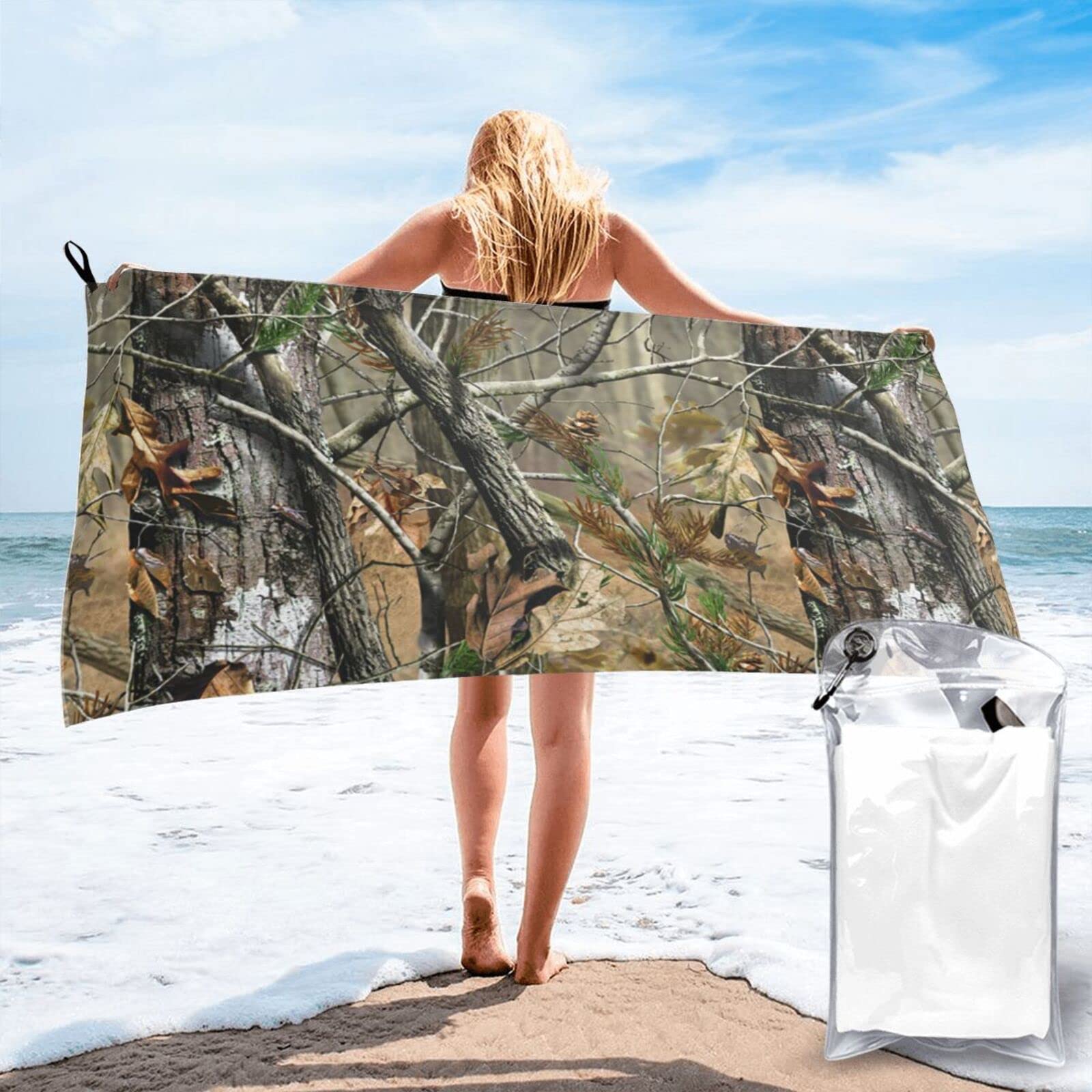 Lawenp Hunting Camo Microfiber Beach Towel Adults Large Quick Drying Bath Towel Travel Towels with Pouch 27.5"x55"