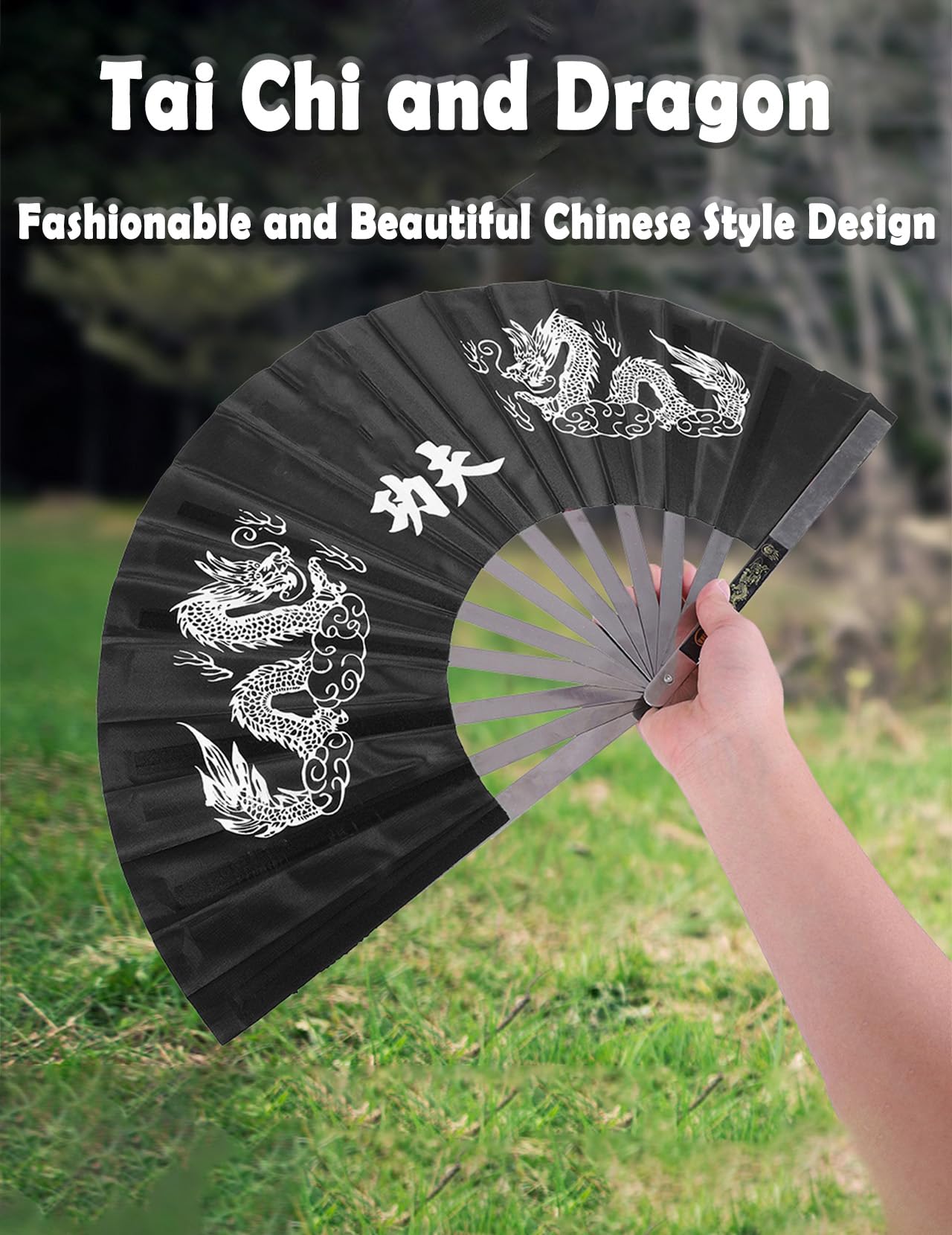 Chinesischer Tai-Chi-Fächer, Handfächer Mit Fächerrippen aus Edelstahl, Handfaltbare Fächer Für Chinesische Kung-Fu-Tai-Chi-Übungen, Chinesische Dekorationen(Schwarz)