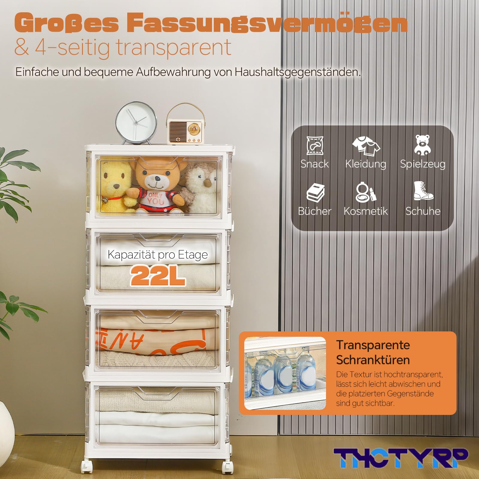 Aufbewahrungsbox 23L 4 Stück, Durchsichtig Stapelboxen mit deckel, Faltbare Aufbewahrungsbox mit Tür und Rollen