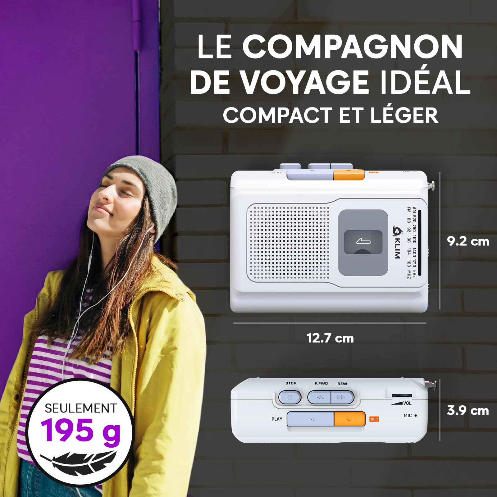 KLIM K8 Lecteur Cassette Audio - Enregistreur Cassette - Nouveau Player - Radio AM/FM - Microphone et Haut-Parleur Intégrés - Prise Casque et Écouteurs - Blanc