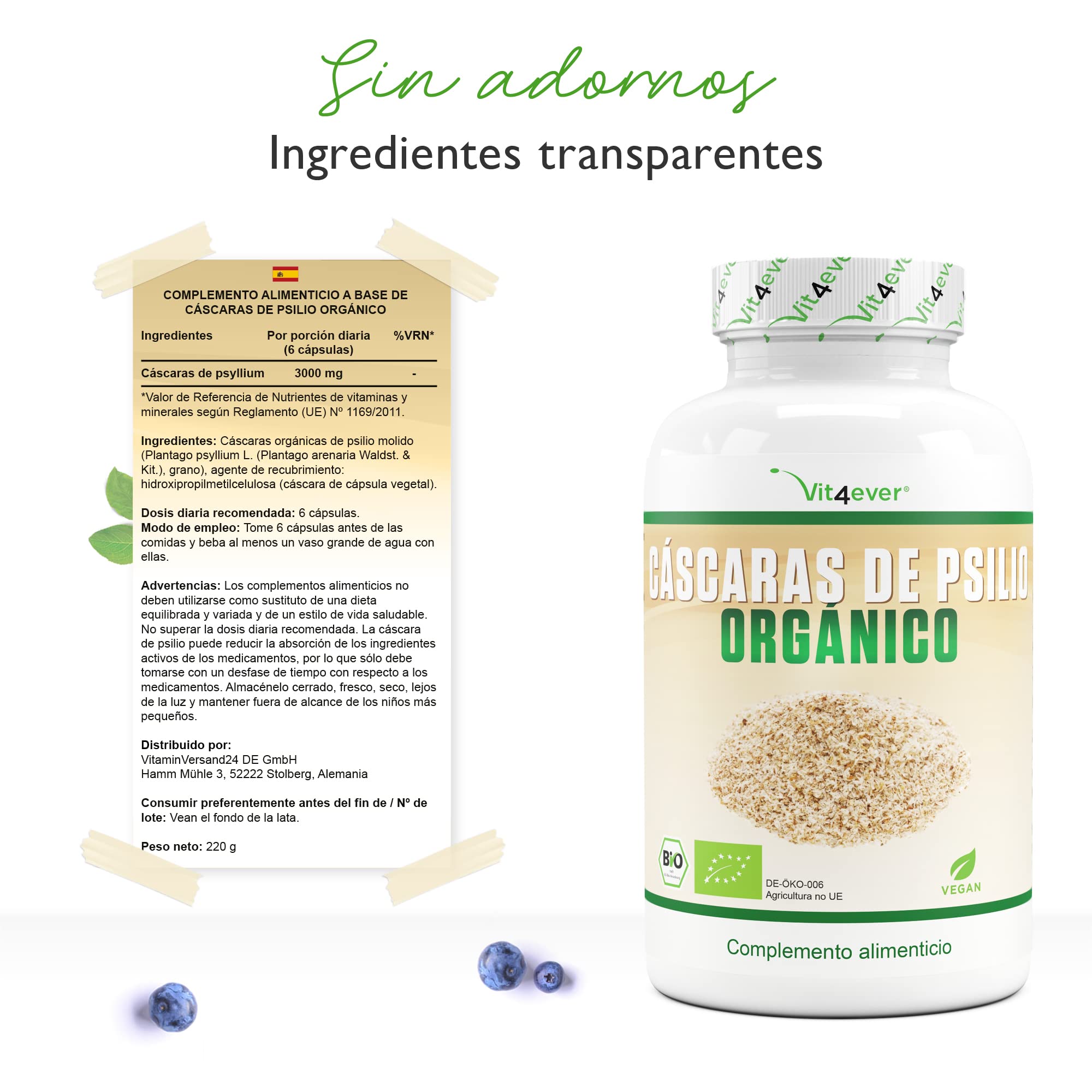 Cáscaras de psyllium orgánico - 365 cápsulas veganas - 3000 mg por dosis diaria - Premium: 100% psyllium orgánico de la India, 99+% de pureza, finamente molido - Cultivado de forma sostenible