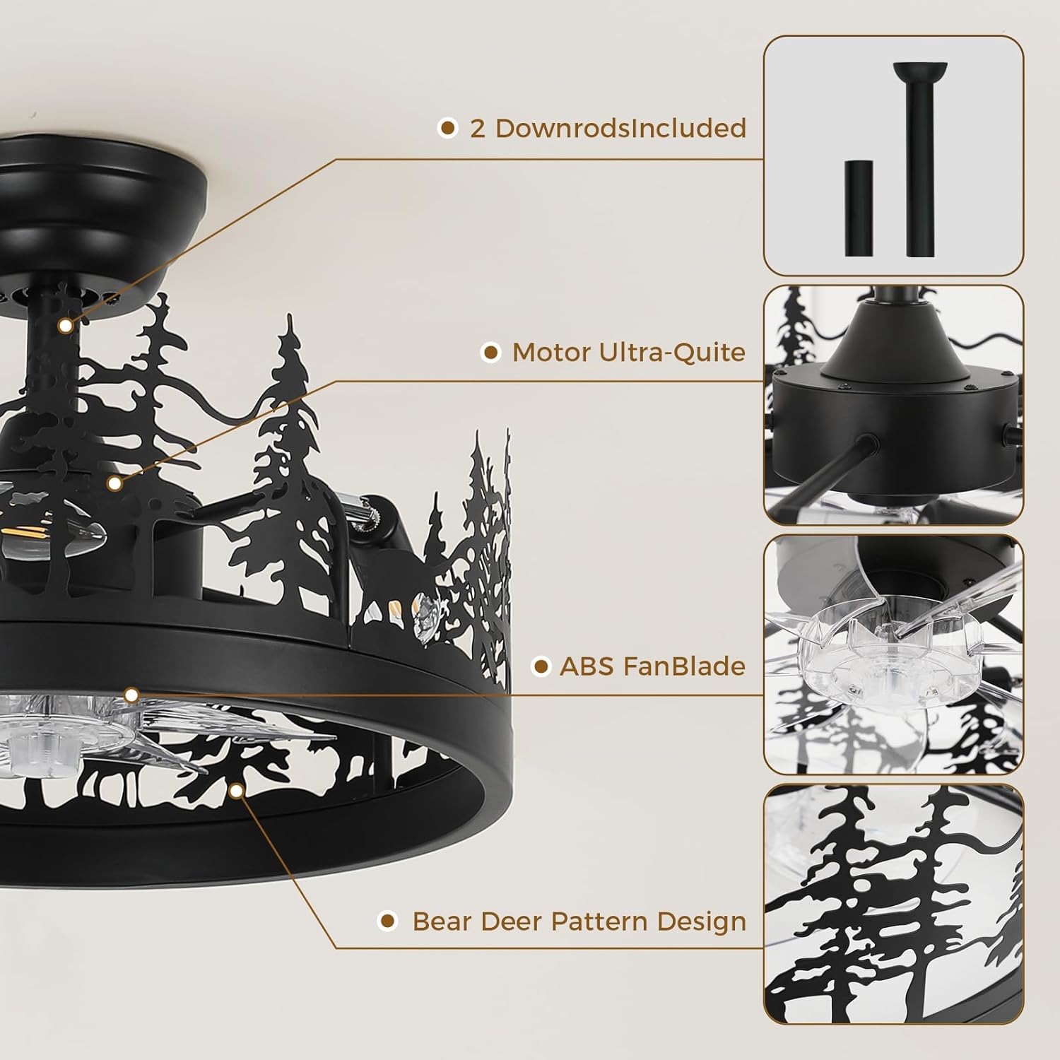 Rustic Ceiling Fan with Light and Remote, Farmhouse Black Ceiling Fan with Bear and Deer Design, Height Adjustable Deer Antler Fan, Country Style Ceiling Fans for Living Room, Bedroom, Hallway
