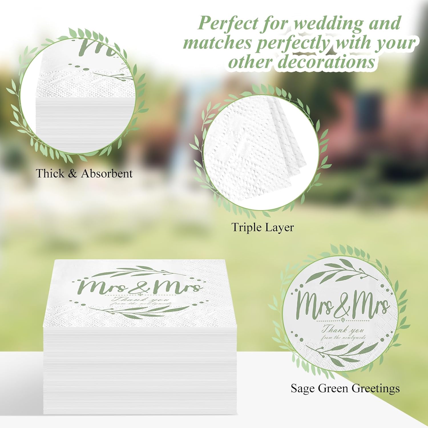 Kosiz 100 Pcs Mrs and Mrs Wedding Napkins for Lesbian Wedding, Greenery