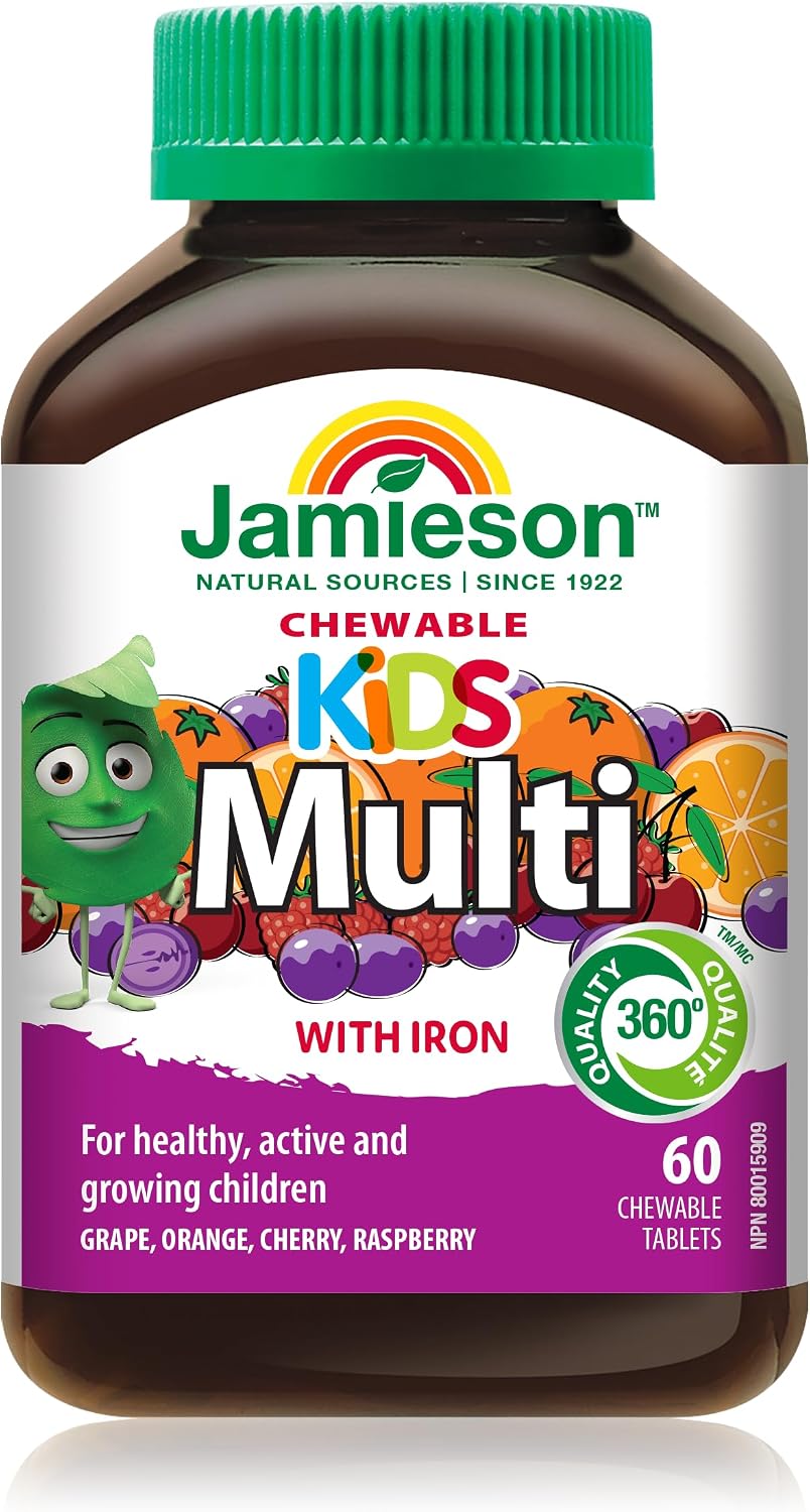 Jamieson Multivitamin Chewable for Kids with Iron, 60 Gummies, Orange, Grape, Cherry and Raspberry Flavours. Supports Growth, Development, Bones and Teeth. No Artificial Colours or Flavours