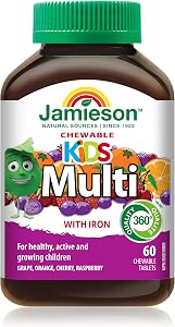 Jamieson Multivitamin Chewable for Kids with Iron, 60 Chewables, Orange, Grape, Cherry and Raspberry Flavours. Supports Growth, Development, Bones and Teeth. No Artificial Colours or Flavours