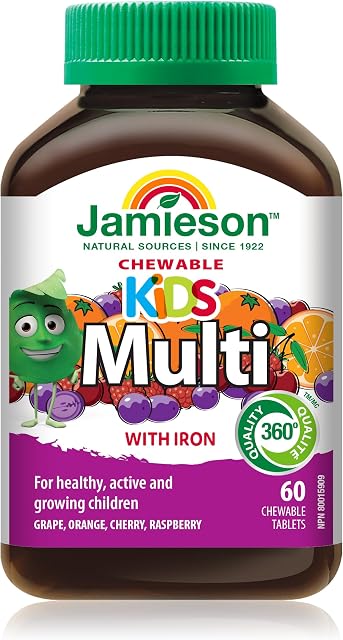 Jamieson Multivitamin Chewable for Kids with Iron, 60 Chewables, Orange, Grape, Cherry and Raspberry Flavours. Supports Growth, Development, Bones and Teeth. No Artificial Colours or Flavours