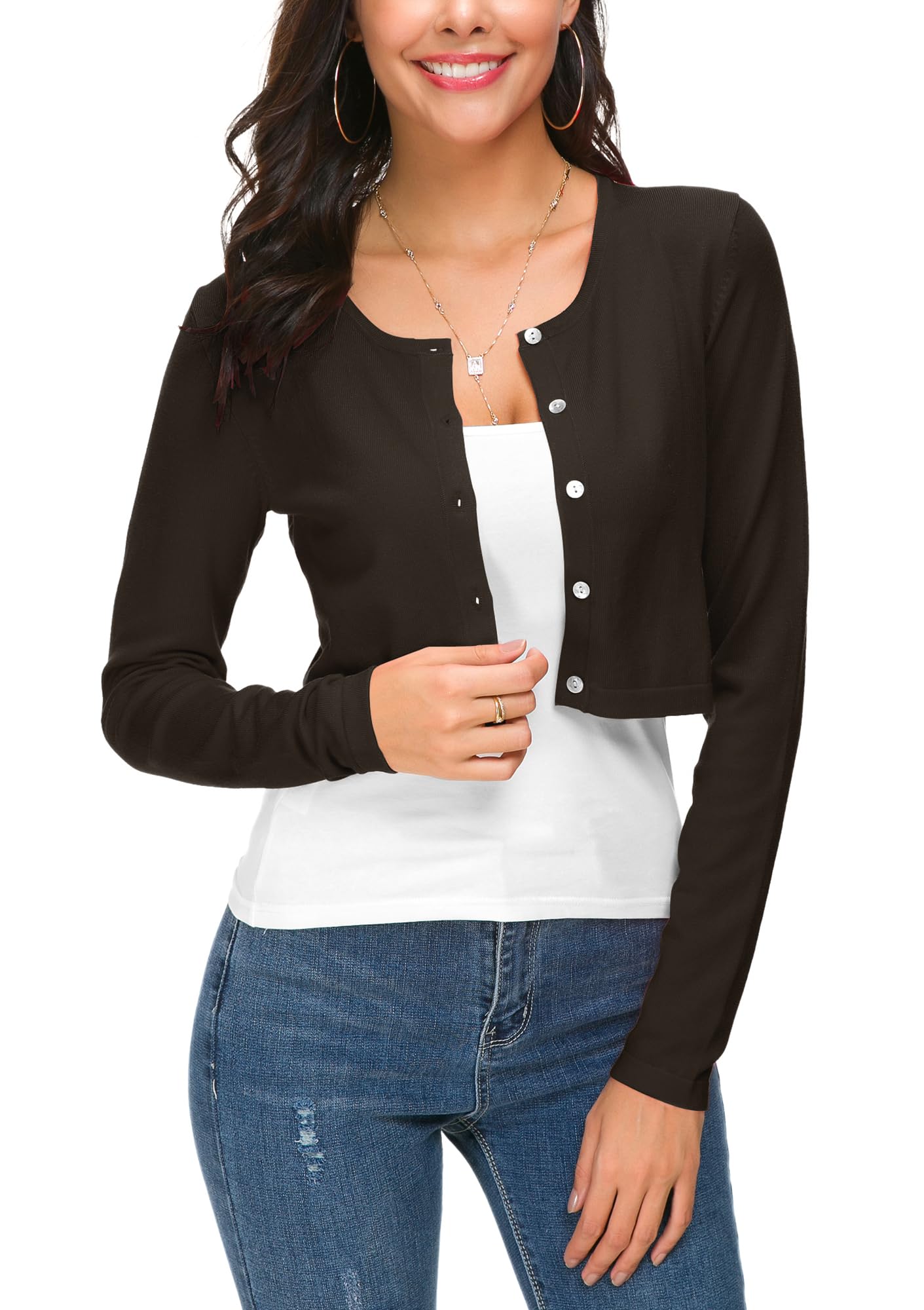 EXCHIC Damen Elegant Langarm Bolero Strickjacke mit Knöpfe Rundhals Festlich Gestrickte Shrug Kurz Cardigan für Kleider
