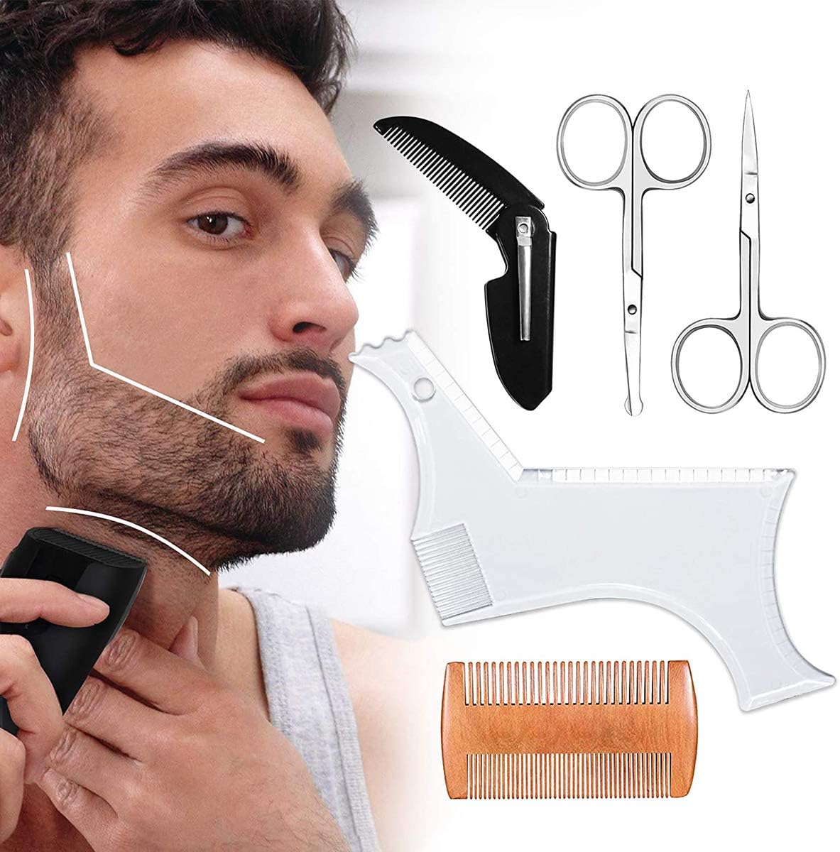 Azonee Beard Shaping Tool Beard Shaping Template Guide for Perfect line up Edging Comes with Beard Shaper Comb Two Scissors Works with any Electric Trimmers or Clippers