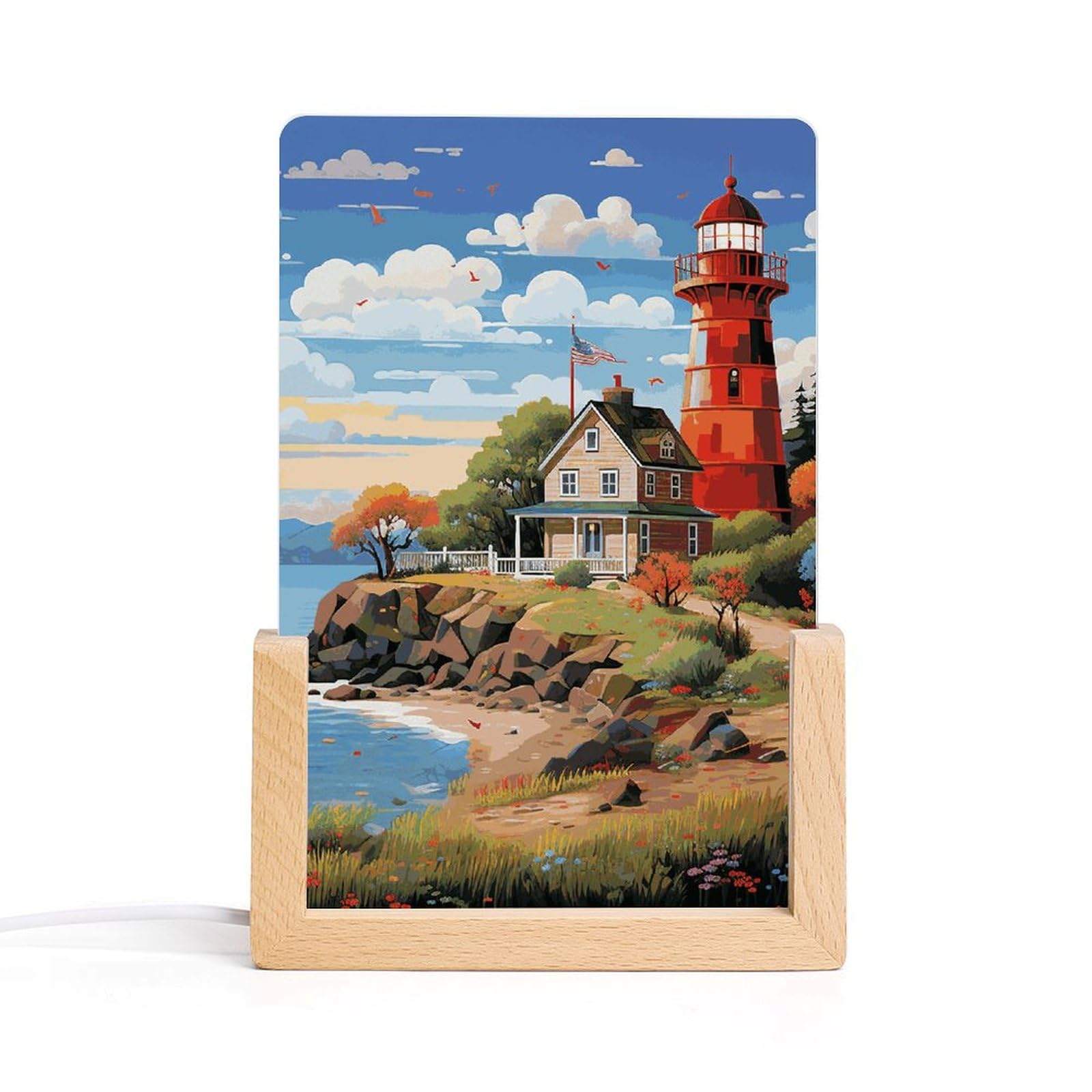 JTREHY Acrylic Night Light,Coastal Lighthouse Printed Wooden Base LED Night Light Modern Home Decoration Light with USB Switch Cable for Bar Cafe Bedroom Room Decoration