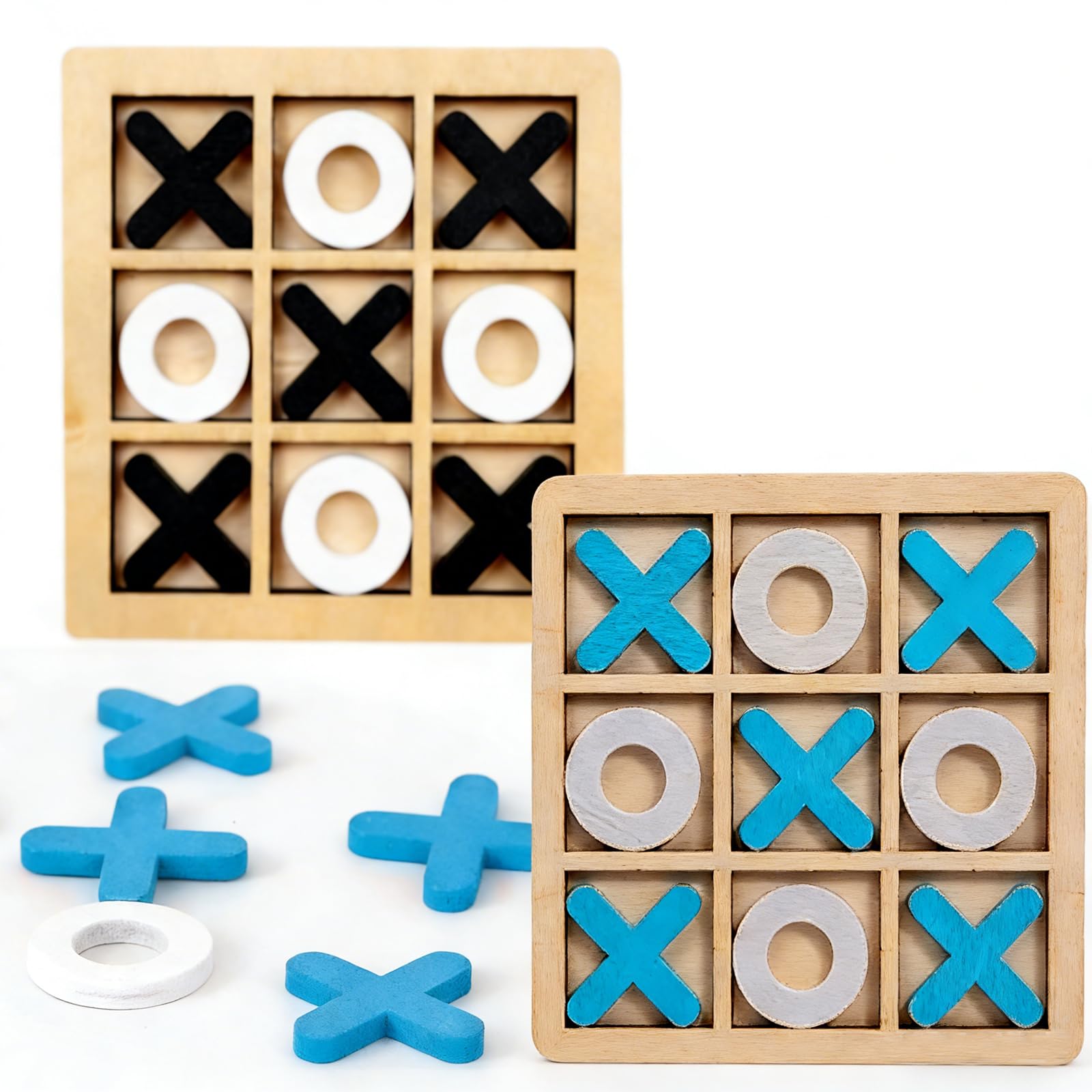 2 Pcs Wooden Board Games Set, Tic Tac Toe & Noughts and Crosses Family Fun, Classic Wooden Games for Kids & Adults, Portable Tic Tac Toe Game