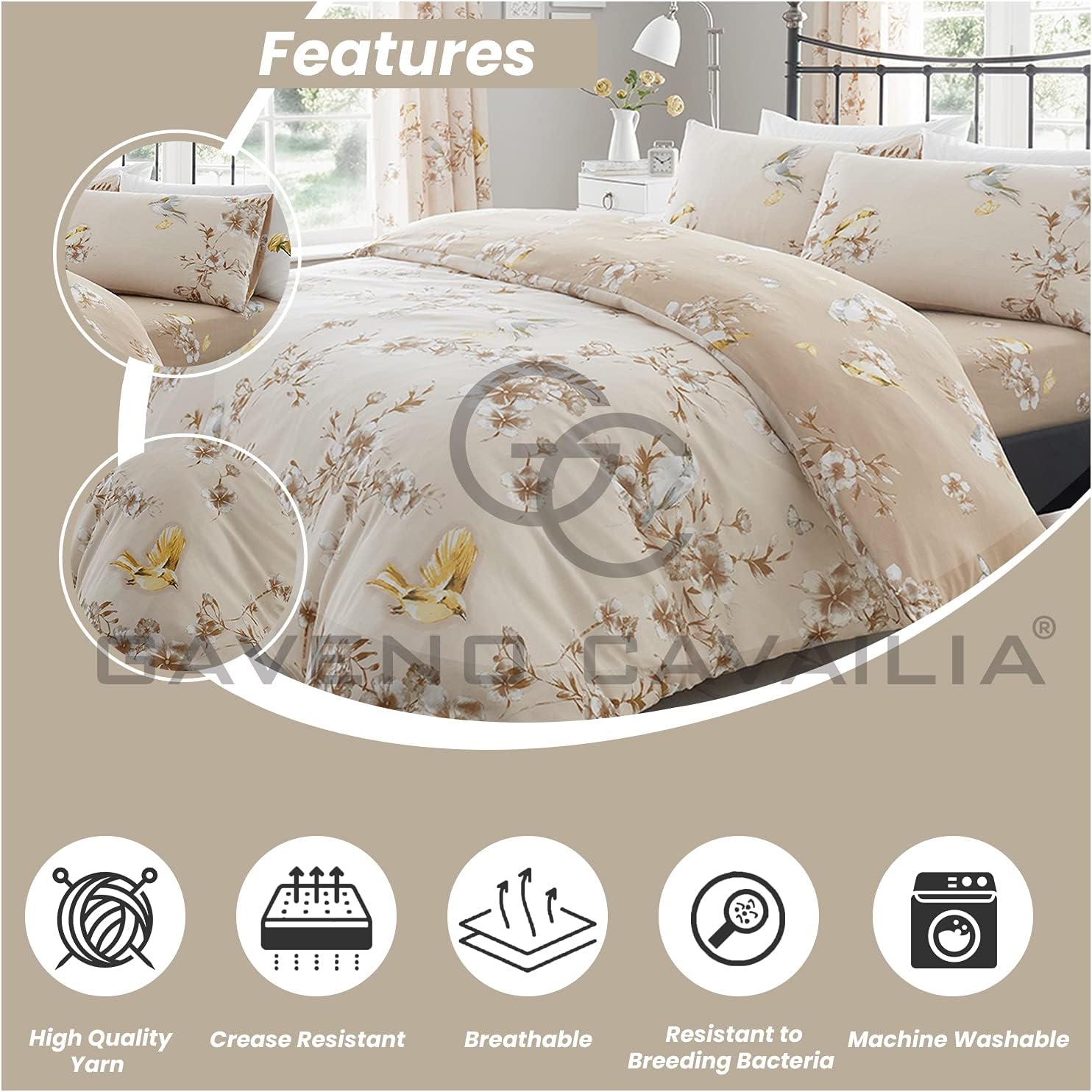 GC GAVENO CAVAILIA Luxury BIRDIE BLOSSOM Bed Set including Duvet Cover and Pillow Case, Polyester-Cotton, Natural, Double - Image 5
