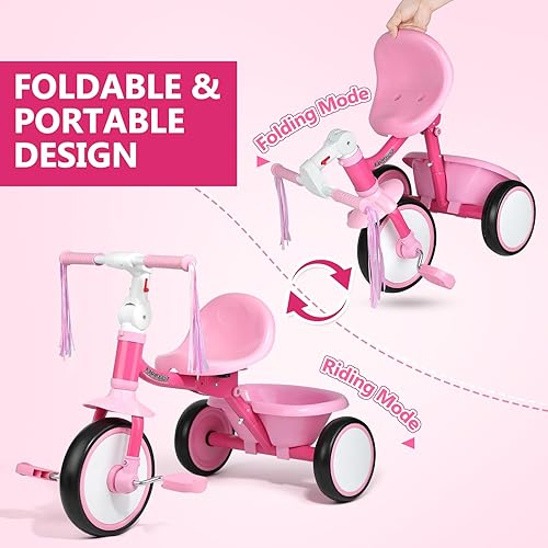 Miniatura 2 de Liberry Triciclo plegable para niños de 2, 3 y 4 años, triciclo para niños con asiento ajustable, cesta y serpentinas, juguete de 3 ruedas para