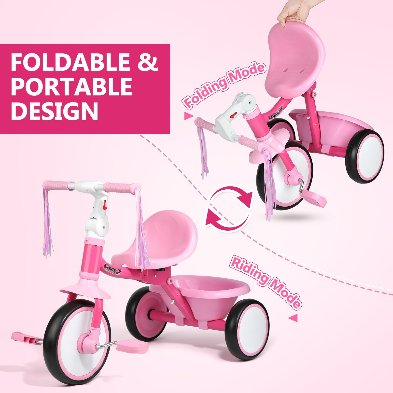 Triciclo plegable para niños de 2, 3 y 4 años, triciclo para niños con asiento ajustable, cesta y serpentinas, juguete de 3 ruedas para montar en bicicleta, regalo de cumpleaños para niñas y 2