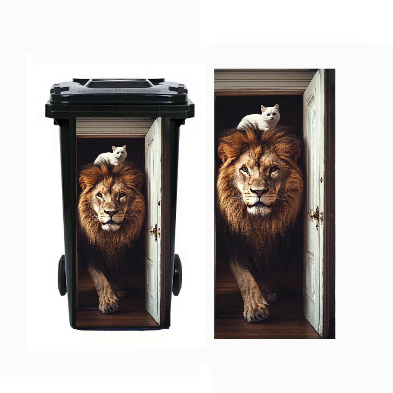 Nouiroy Donkey Dustbin Sticker Decals Wheelie Bin Stickers Self Adhesive Dog Cat Peeking Decal for Door Trash Cans Bins Driveway Garden Outdoor Patio Decor,14.57×32.28in (Lion 2)
