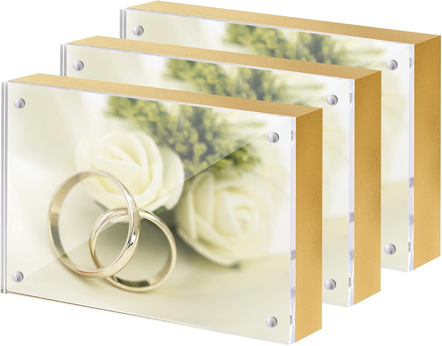 5x7 Inches Acrylic Photo Frame, 3 Pack Clear Frameless 5x7 Picture Frames with Magnetic, Transparent Front & Golden MDF Backboard, Minimalist Tabletop Display for Home/Office Decor