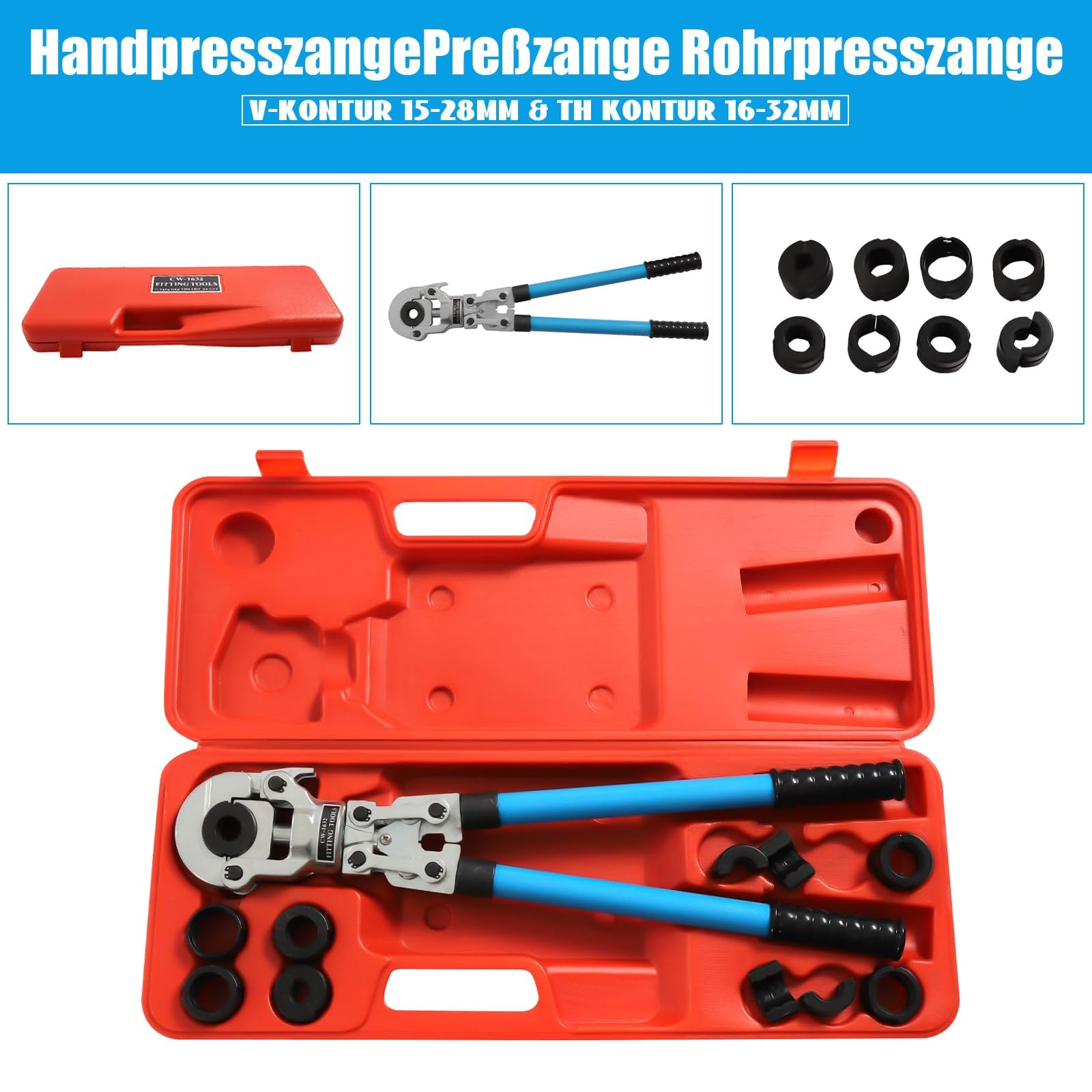 Herramienta de crimpado hidráulico de 6 toneladas con 9 troqueles, crimpadora profesional de tuberías para accesorios de cobre y aplicaciones de fontanería (TH16-32 mm V12-28 mm)