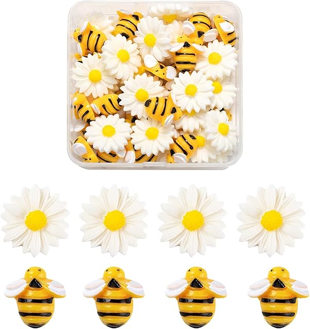 BEEFLYING 50 Pcs Bee Daisy Flower Resin Cabochons Flatback Embellishment Stickers for Cake Decorations Scrapbooking Crafts Supplies