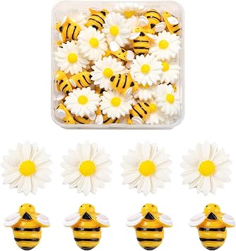 BEEFLYING 50Pcs Daisy Flower Bee Resin Charms Plastic Flatback Bee Charm Epoxy Charms for Jewelry Making Crafts Decor Supplies