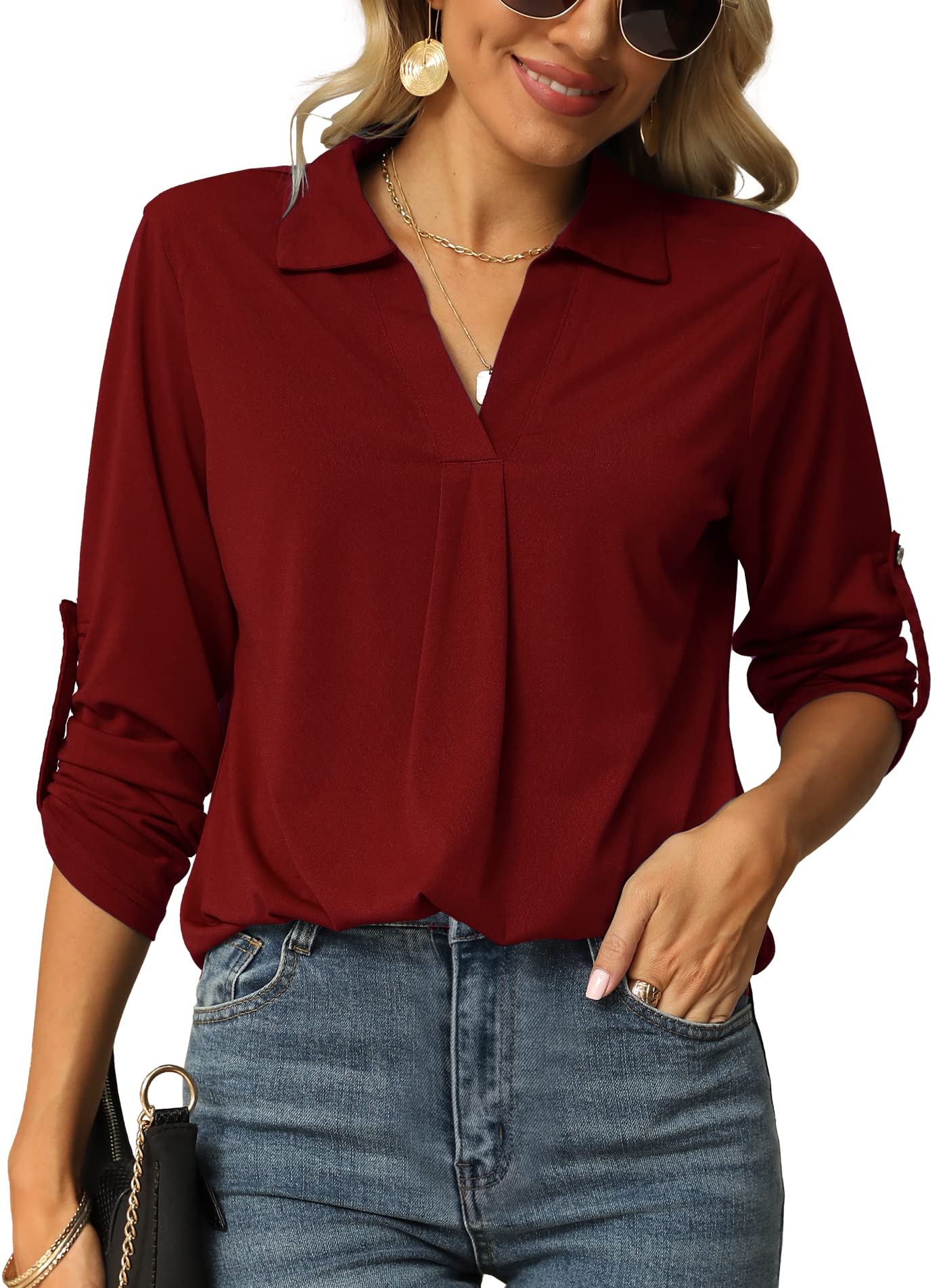Womens Casual V Neck Tunic Blouses Rolled Up Sleeve Basic Top Plain Shirts