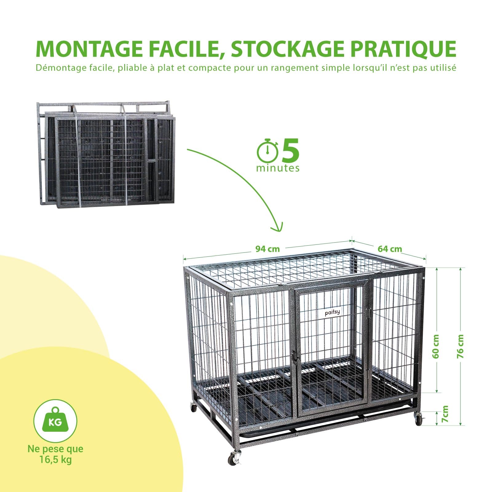 Cage pour Chien intérieur et extérieur, 94x64x76cm, Caisse de Transport, Roues verrouillables, Pliable, 2 Portes, Plateau Amovible Paitsy
