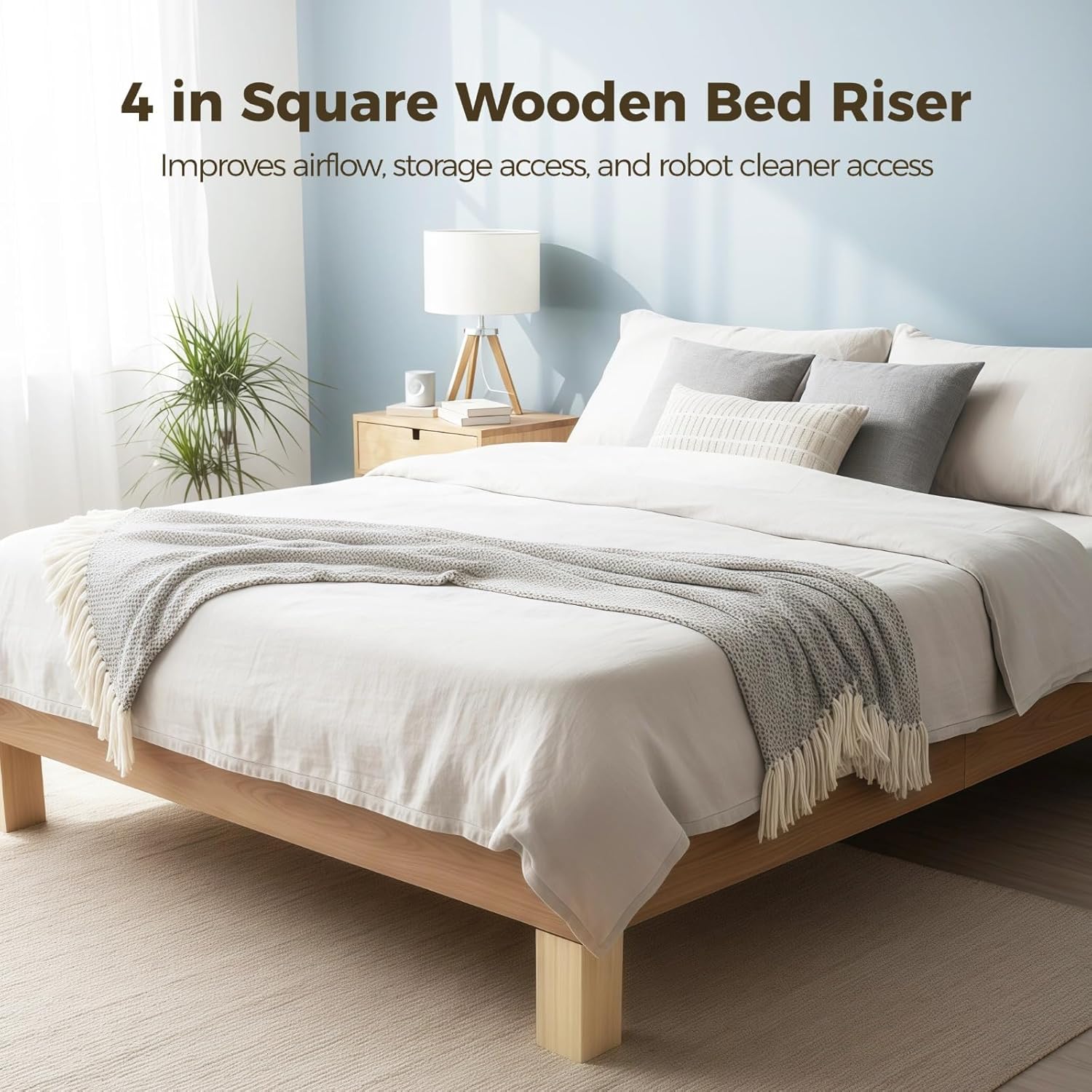 4 Pcs 4 in Wooden Bed Risers, Square Furniture Risers, Heavy-Duty, Couch Chair Cabinet Dresser Lifters, Bed Frame Risers