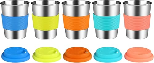Miniatura 6 de KEREDA Vasos de acero inoxidable para niños con tapas y mangas de silicona, paquete de 5 vasos de 8 onzas