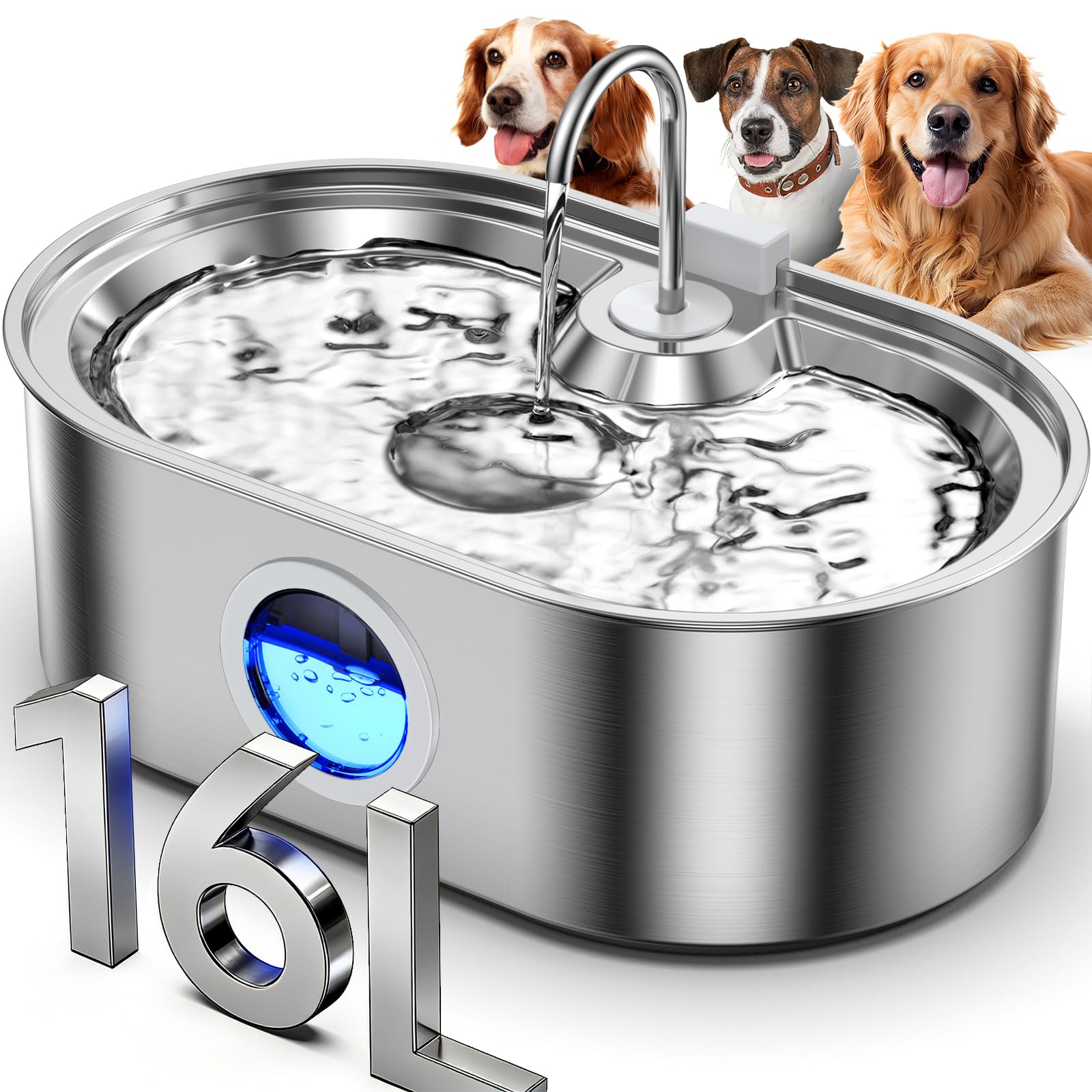 4.2Gal Dog Water Fountain for Large Dogs, 16L Stainless Steel Dog Fountain Water Bowl with Multi-Filtration & Deeper Drinking Tray, Extra Large Pet Water Fountain with Water Window & LED, Ultra-Quiet
