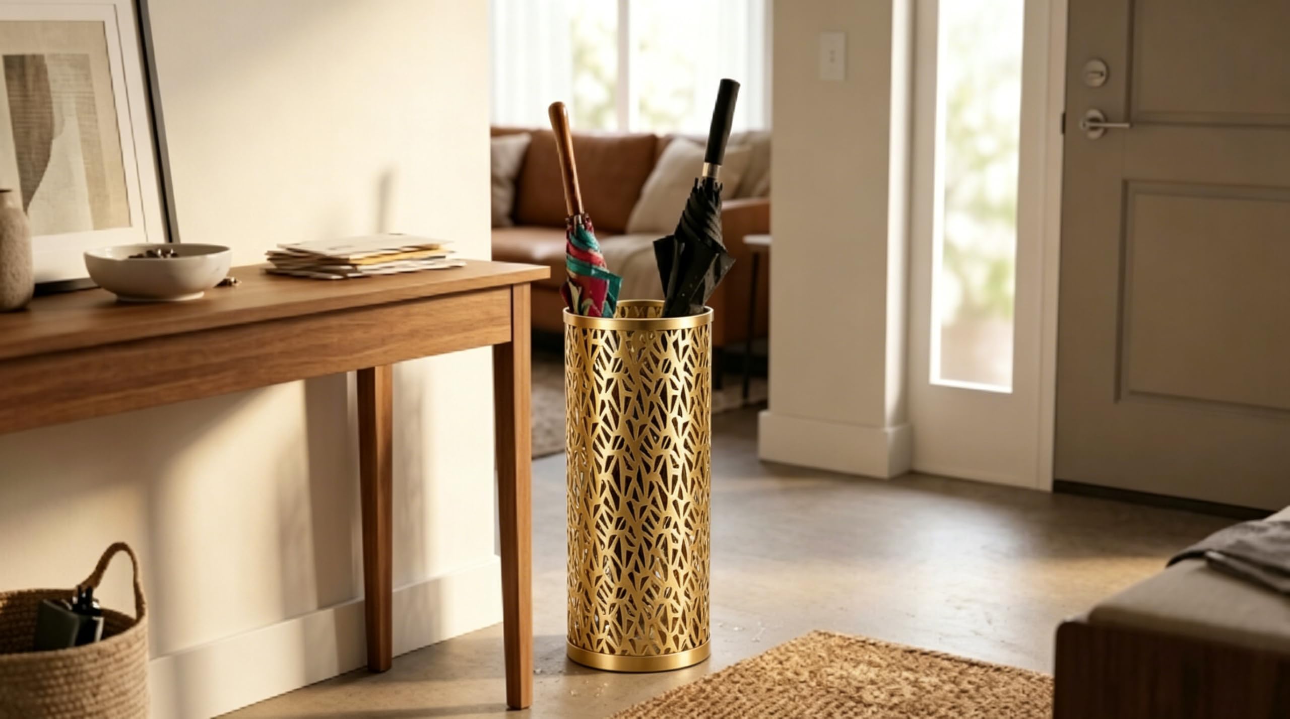 Regenschirmständer, Schirmständer Metall, 5.91x16,54in (ØxH) Schirmständer rund Organizer für Regenschirm, Dreieckiger hohler für Haus Büro Eingang Lagerung Regenschirme (Goldene L)