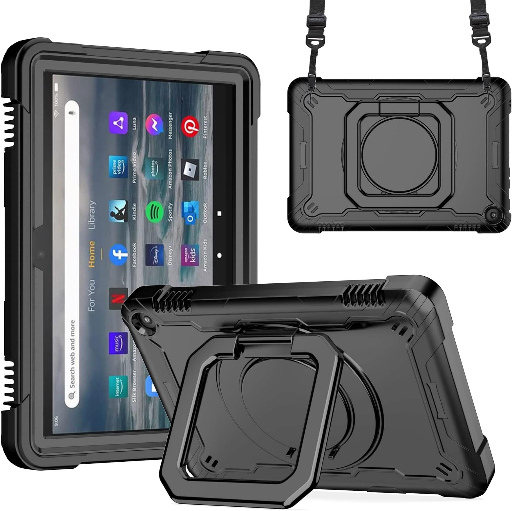 TDA Case for Amazon Fire HD 8 Tablet and Fire HD 8 Plus Tablet (12th Generation, 2022 Release) Hybrid Shockproof 360 Rotating Multi-Functional Ring Stand Case with Shoulder Straps (Black/Black)