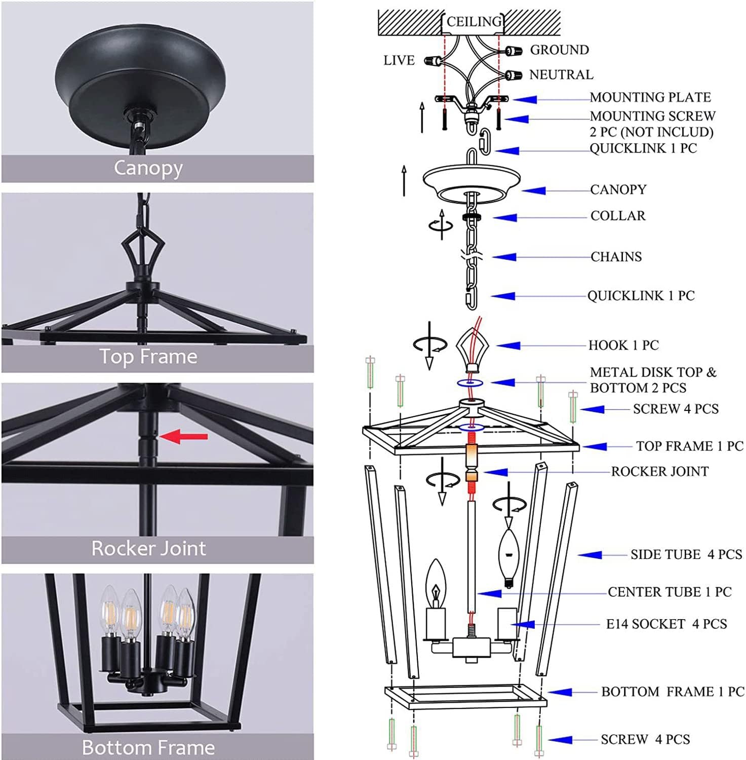 Industrial Vintage Pendant Light, Black Farmhouse Hanging Lights, E14*4 Kitchen Island Decorative Lighting Suspension Lamp, Dining Room Droplight, Metal Frame Chandeliers